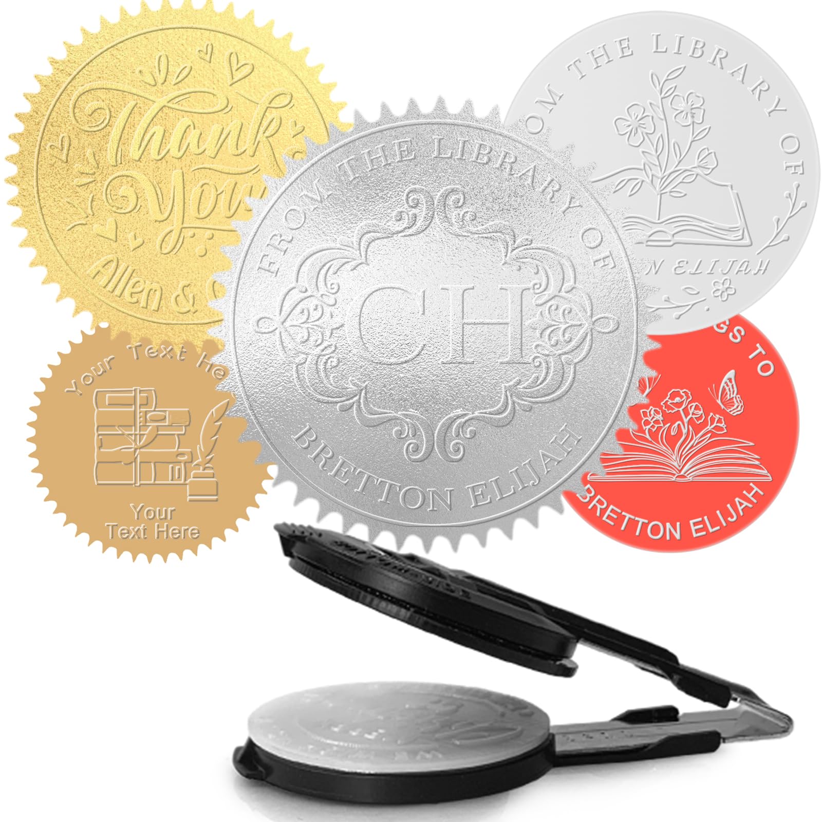 The Library Personalised Book Embosser - Customised Stainless Steel Clip with Floral Ex Libris Design for Book Lovers
