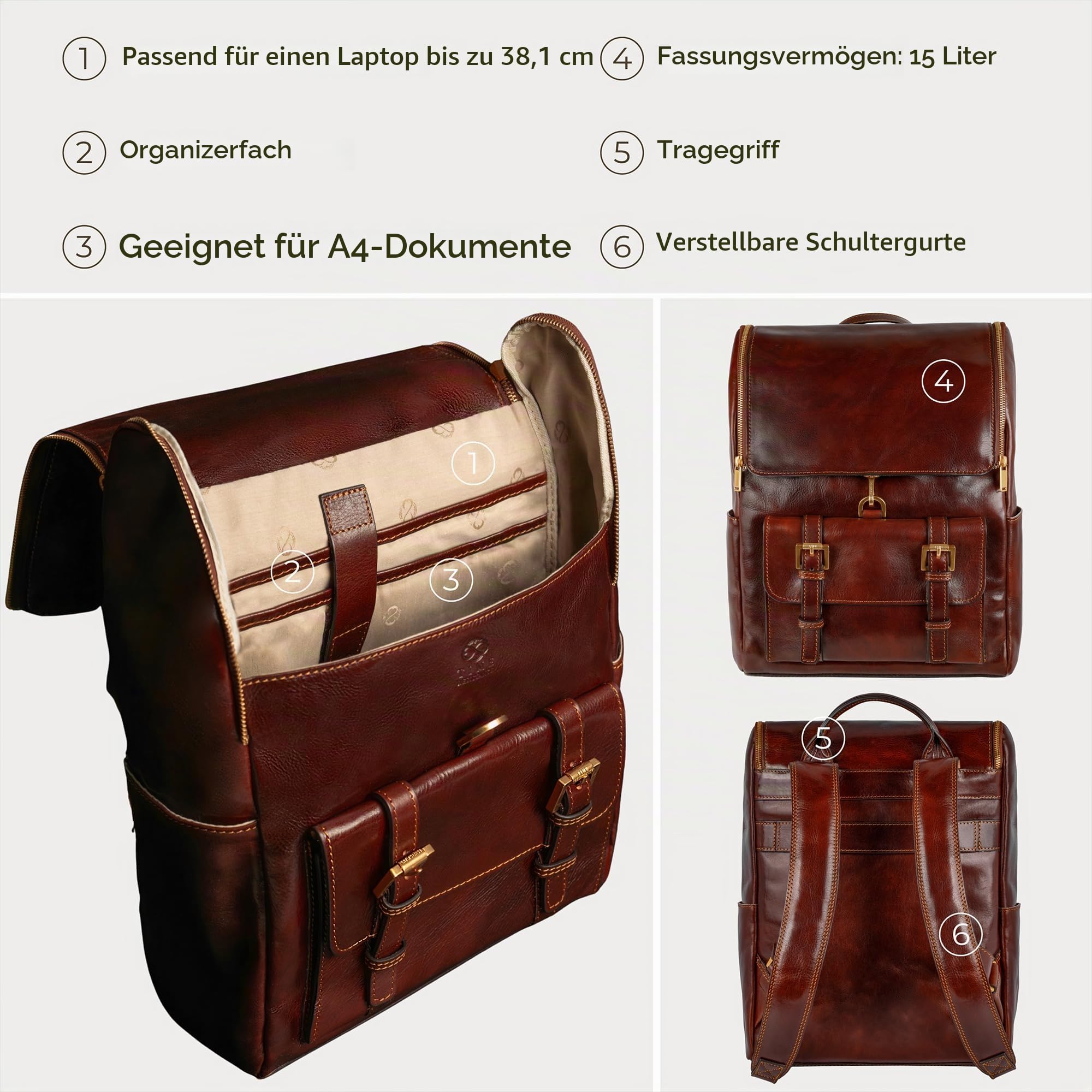 Time Resistance Rucksack aus Leder - Handgefertigt in Italien - 100% Lederrucksack - Vintage Rucksack Damen und Herren
