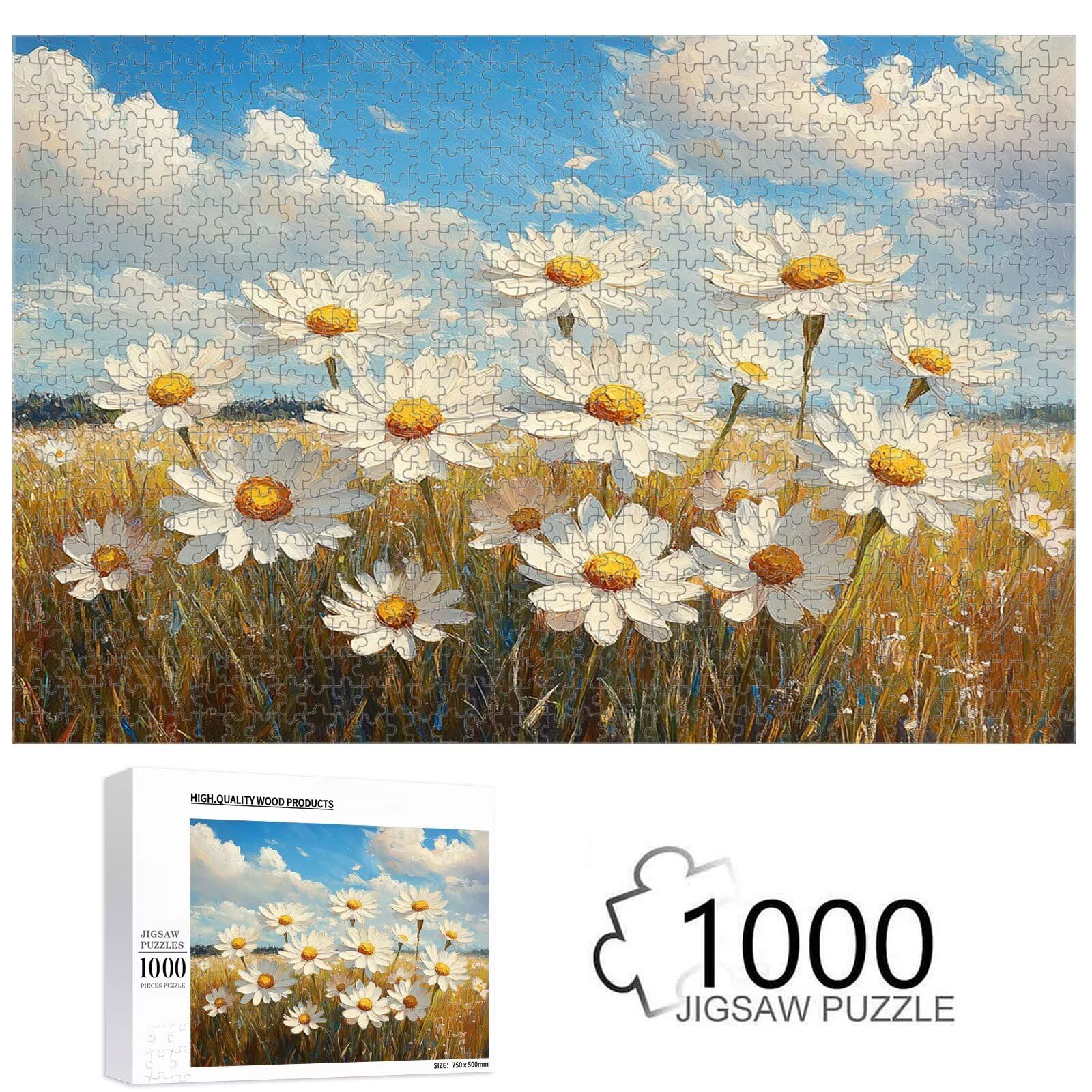 1000 elementów Puzzle dla dorosłych Stokrotka & Krajobraz Drewniane puzzle 1T#292 | Drewniane puzzle, precyzyjne cięcie, jasne atramenty, relaksujący wypoczynek, wystrój domu, prezent, 50x75cm