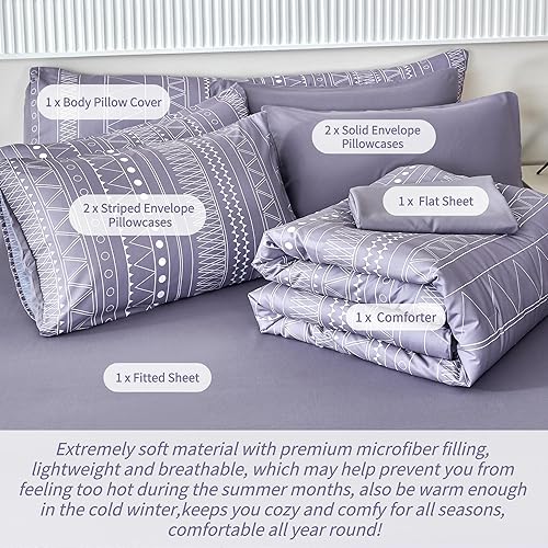 Miniatura 6 de RYNGHIPY Juego de edredón bohemio de color morado polvoriento, tamaño matrimonial para niños, edredón de microfibra suave con sábanas y fundas de