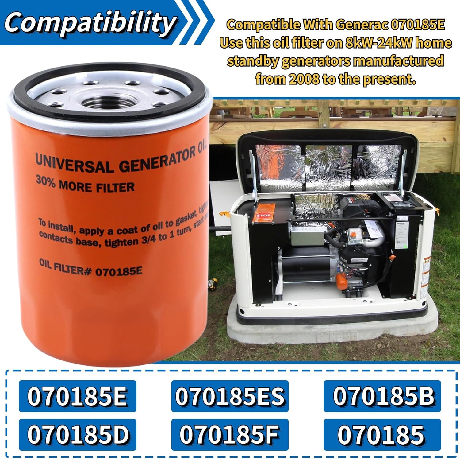 070185ES Oil Filter Compatible with Generac Guardian 8-24kw Series Air-Cooled Home Standby Generators & Portable Outdoor Generators Replace# 070185E 70185 (5 Pack)