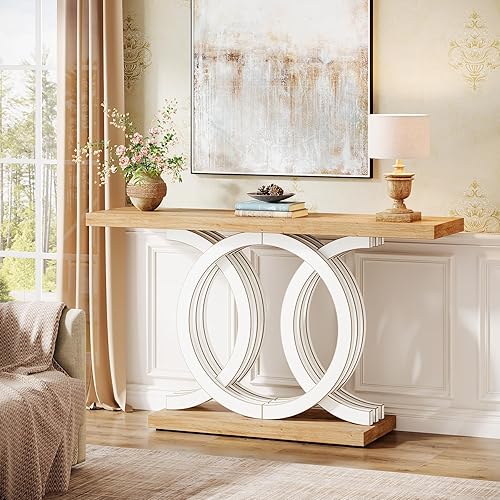 Miniatura 3 de Tribesigns Mesa consola de 55 pulgadas con base de madera geométrica, mesa de entrada moderna con mesa gruesa para sala de estar, pasillo, vestíbulo