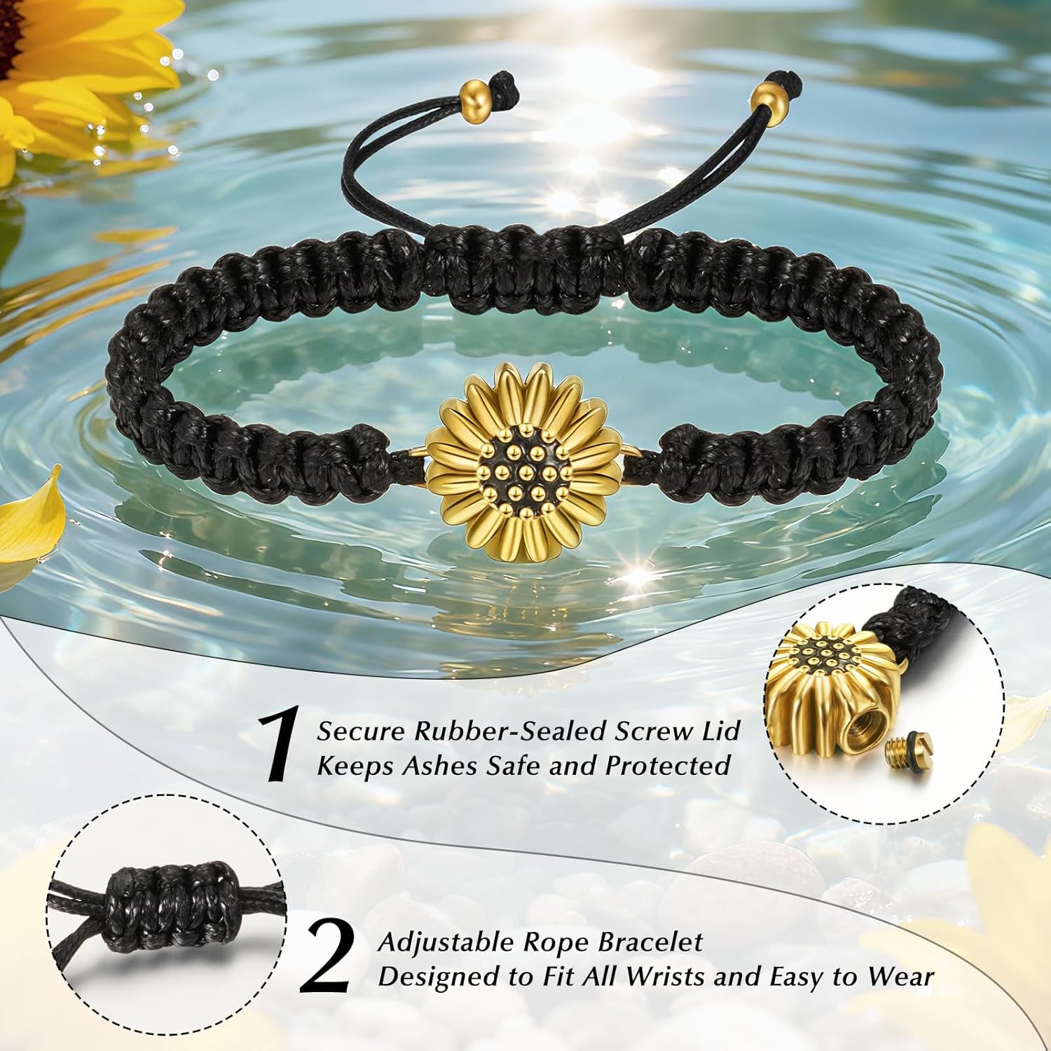 abooxiu Urn Bracelet for Ashes Sunflower Cremation Jewerlry Ashes Bracelet Memorial Cremation Bracelets Urn Jewelry for Ashes of Loved Ones Adjustable Braided Rope for Women