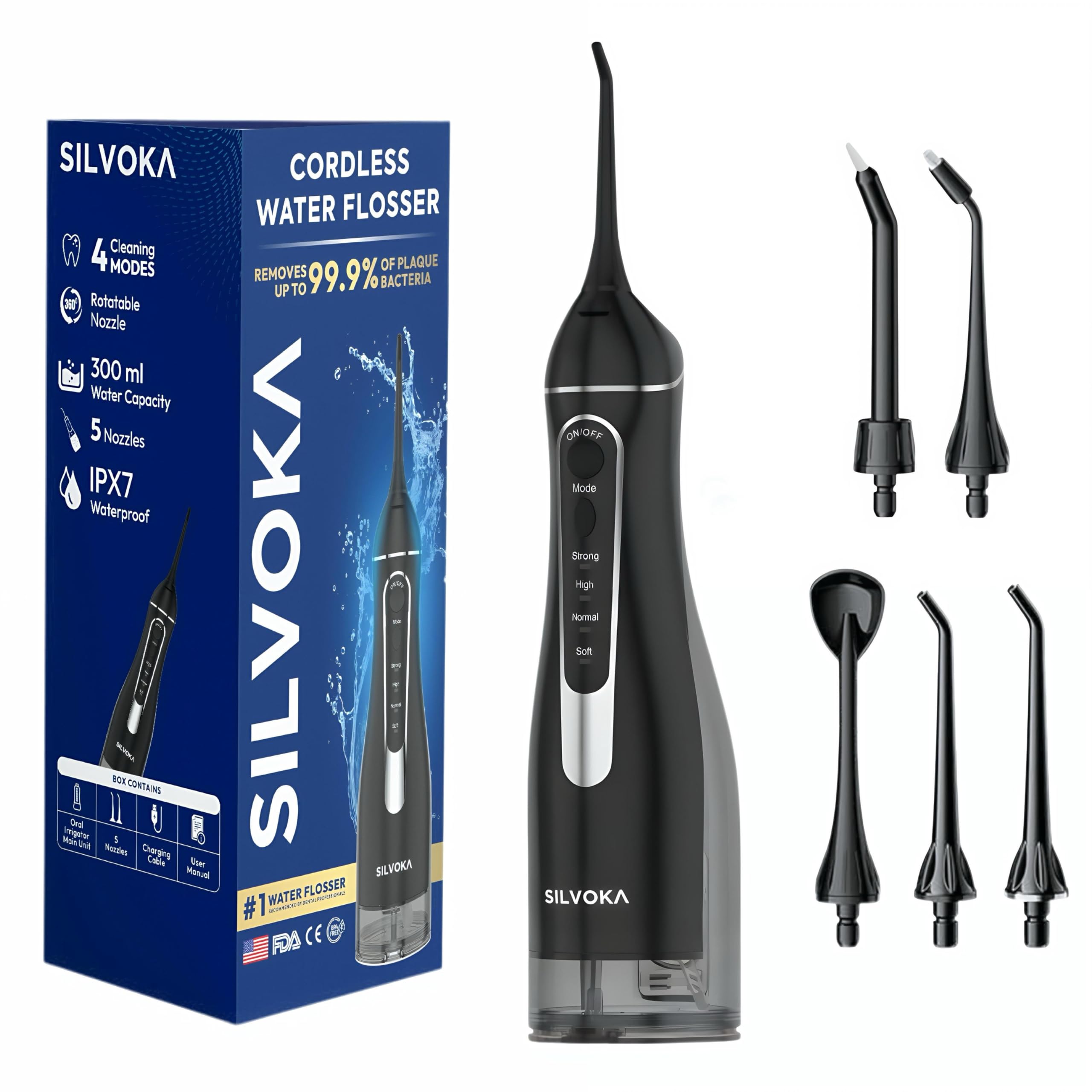 Irrigador bucal para dientes, irrigador bucal inalámbrico, irrigador dental portátil con tanque de 300 ml, 4 modos de limpieza, IPX7 impermeable, púa de hilo dental recargable para aparatos