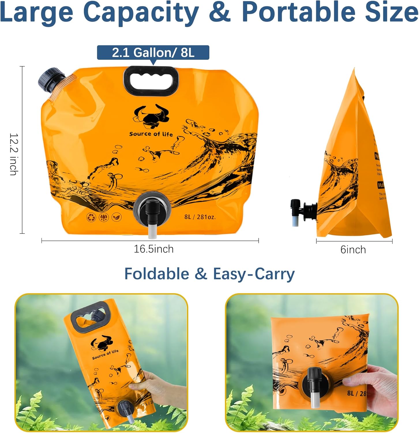 Water Jug Camping 2.1 Gallon Collapsible with Spigot, BPA Free Portable Water Pouch Foldable Water Bags for Outdoor Hiking, Travel and Emergency & Water Storage Containers (Orange-1Pcs) - Image 2