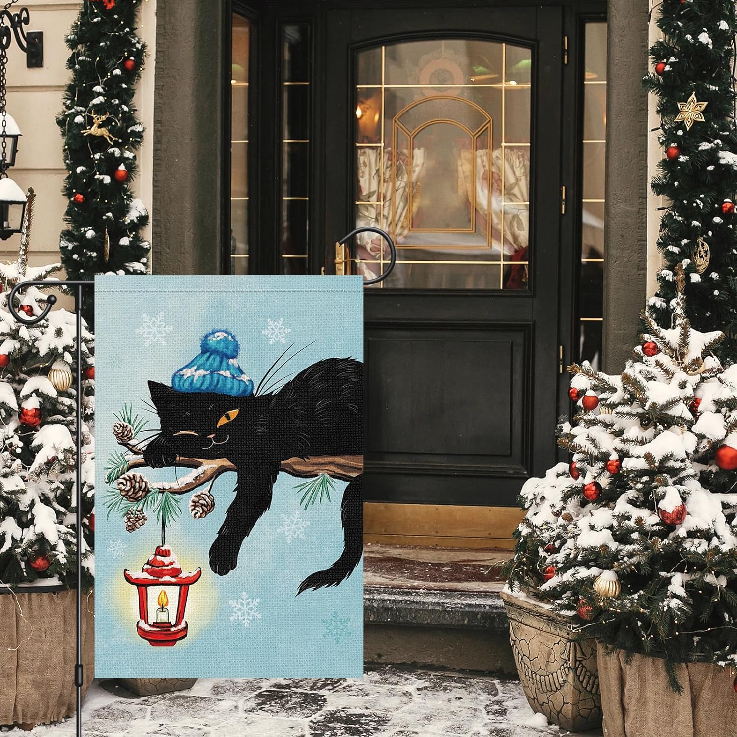 Louise Maelys Welcome Winter Garden Flag 12x18 Double Sided, Burlap Small Snow Yard House with Black Cat for Outside Outdoor Decoration - Image 3