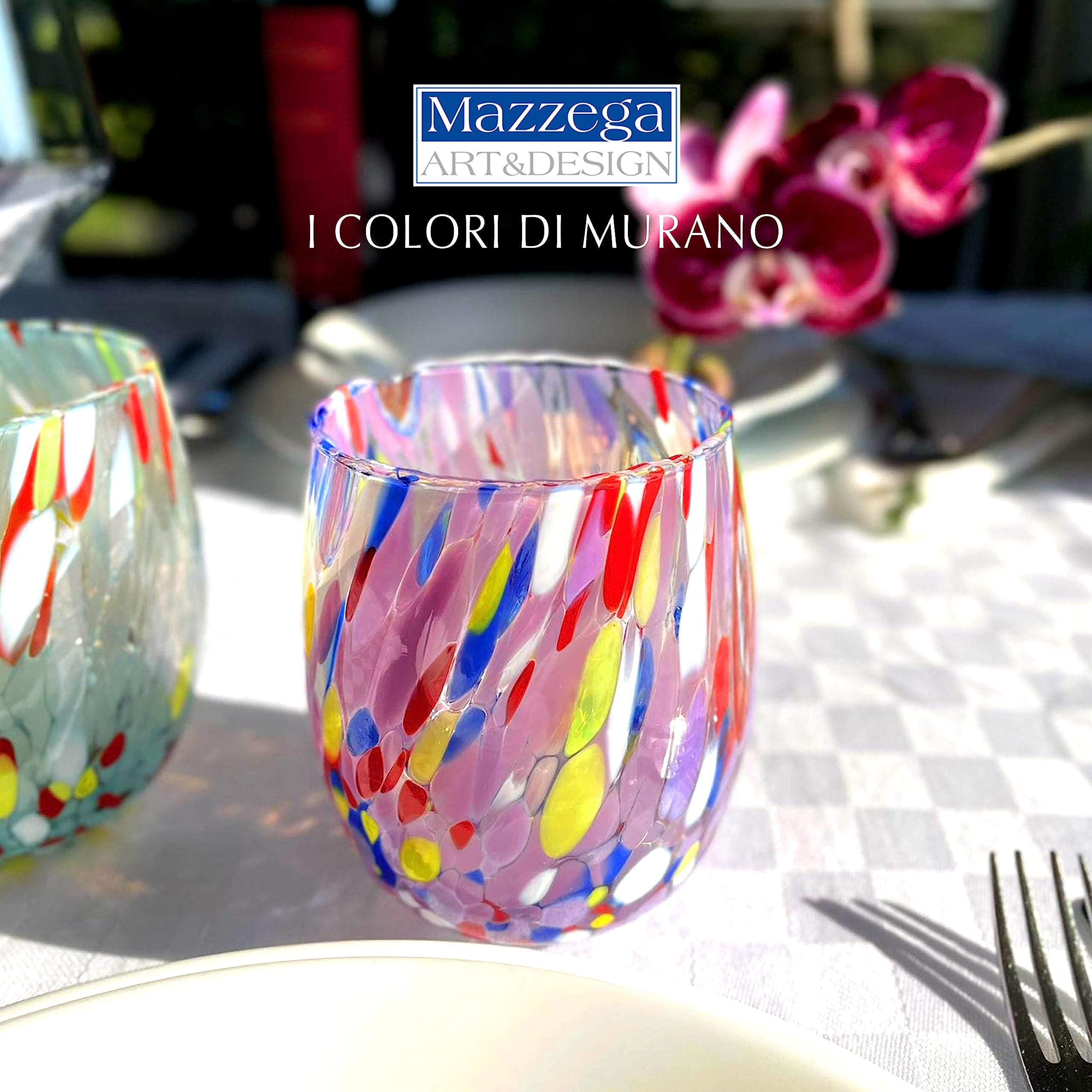 MAZZEGA ART & DESIGN - 2 x ręcznie dmuchane i oryginalne szklanki do wody Murrine Murano - kolory Murano - Columbine 435 ml. Wyprodukowano we Włoszech (fioletowy, 2)