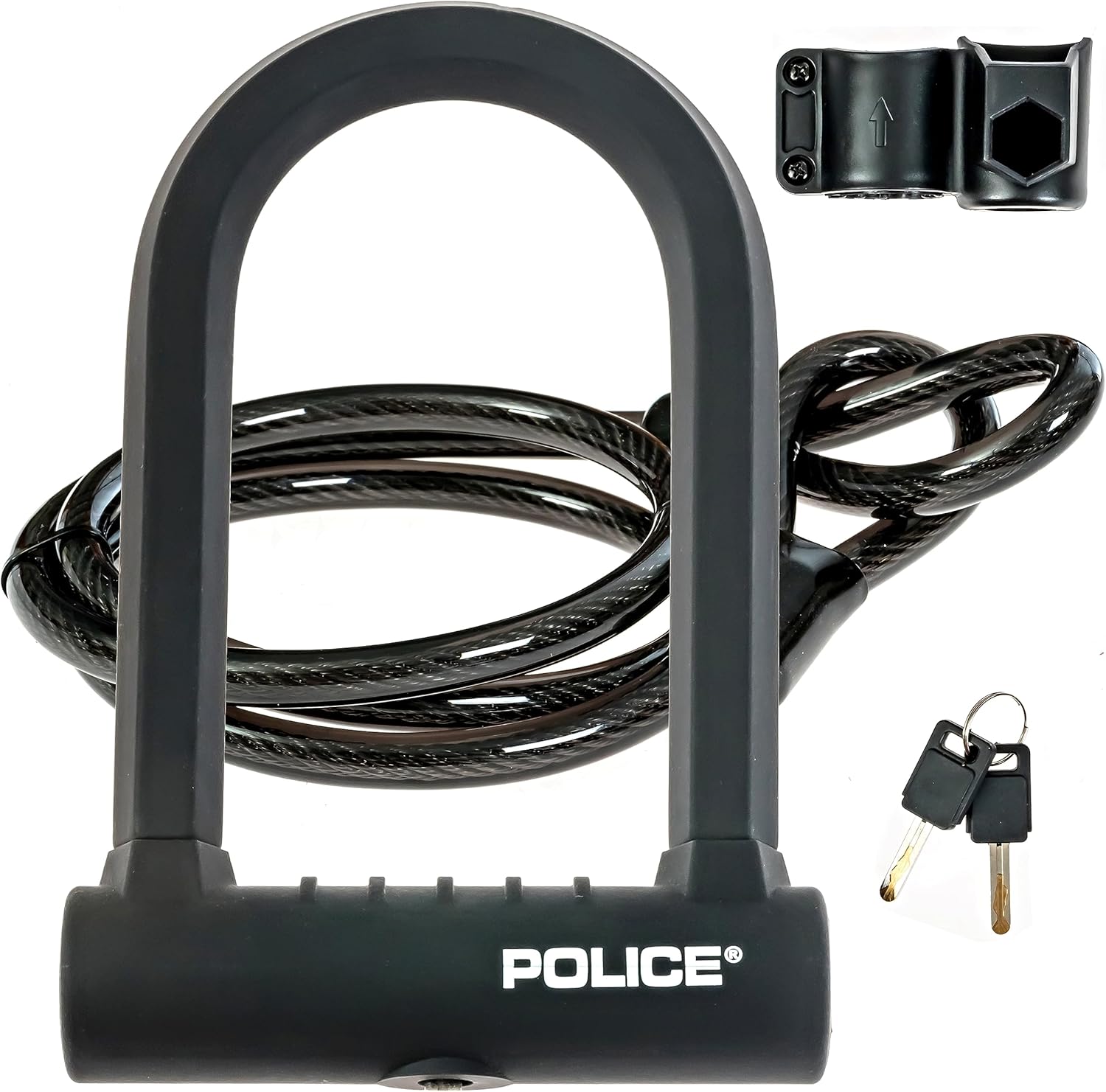 POLICE U-Lock Bike Lock with Key, U-Lock for Bicycles, Lock for Scooters, Outdoor Equipment Silicone-Coated Bike Lock with Cable Heavy Duty Black