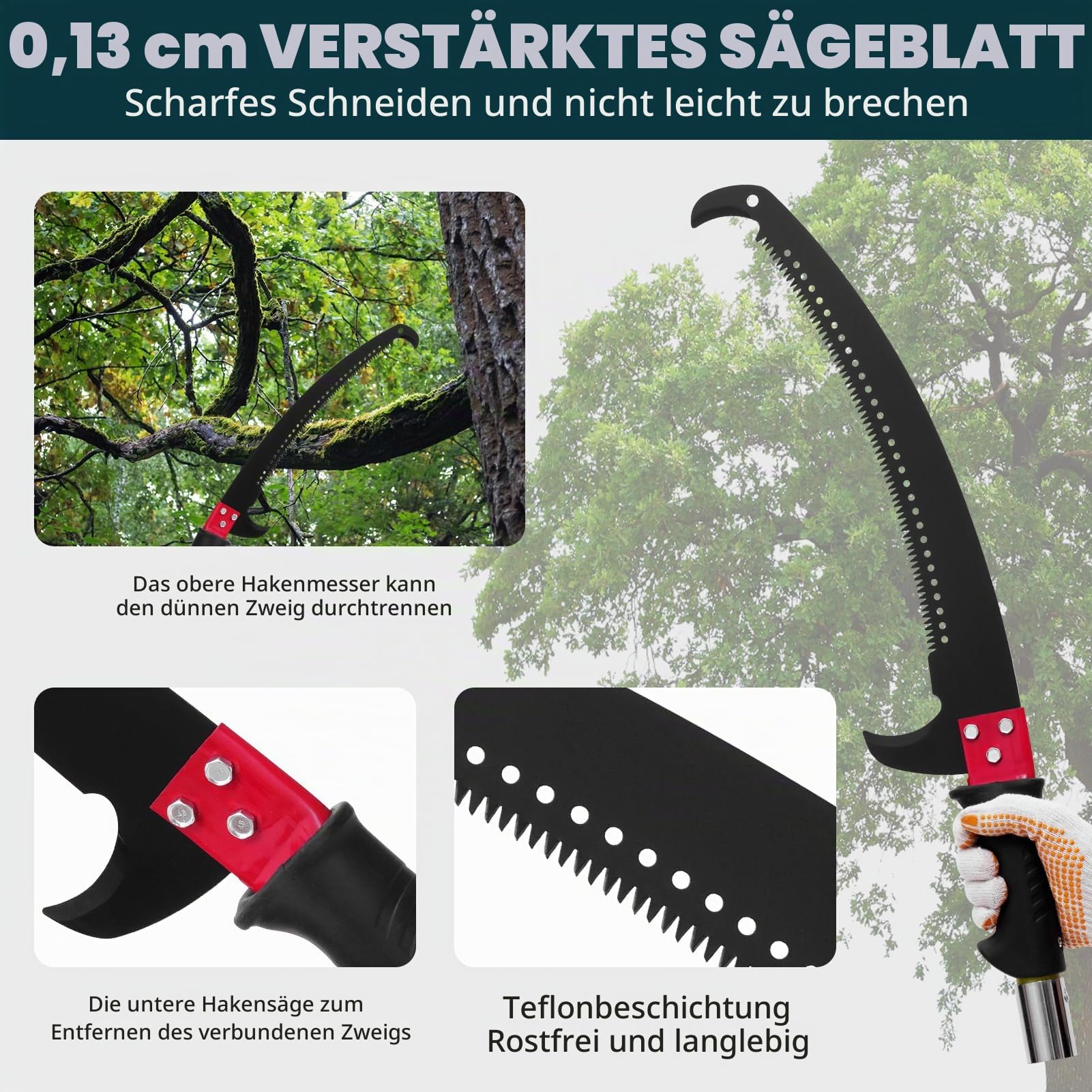 Astsäge mit Teleskopstiel,8 m Höhenverstellbar 2,24m-8,24m Klinge aus Kohlenstoffstahl mit Tragetasche und 2 Sägeblätter bis 10m Arbeitshöhe Manual Pole Saw for Pruning Palms and Shrubs