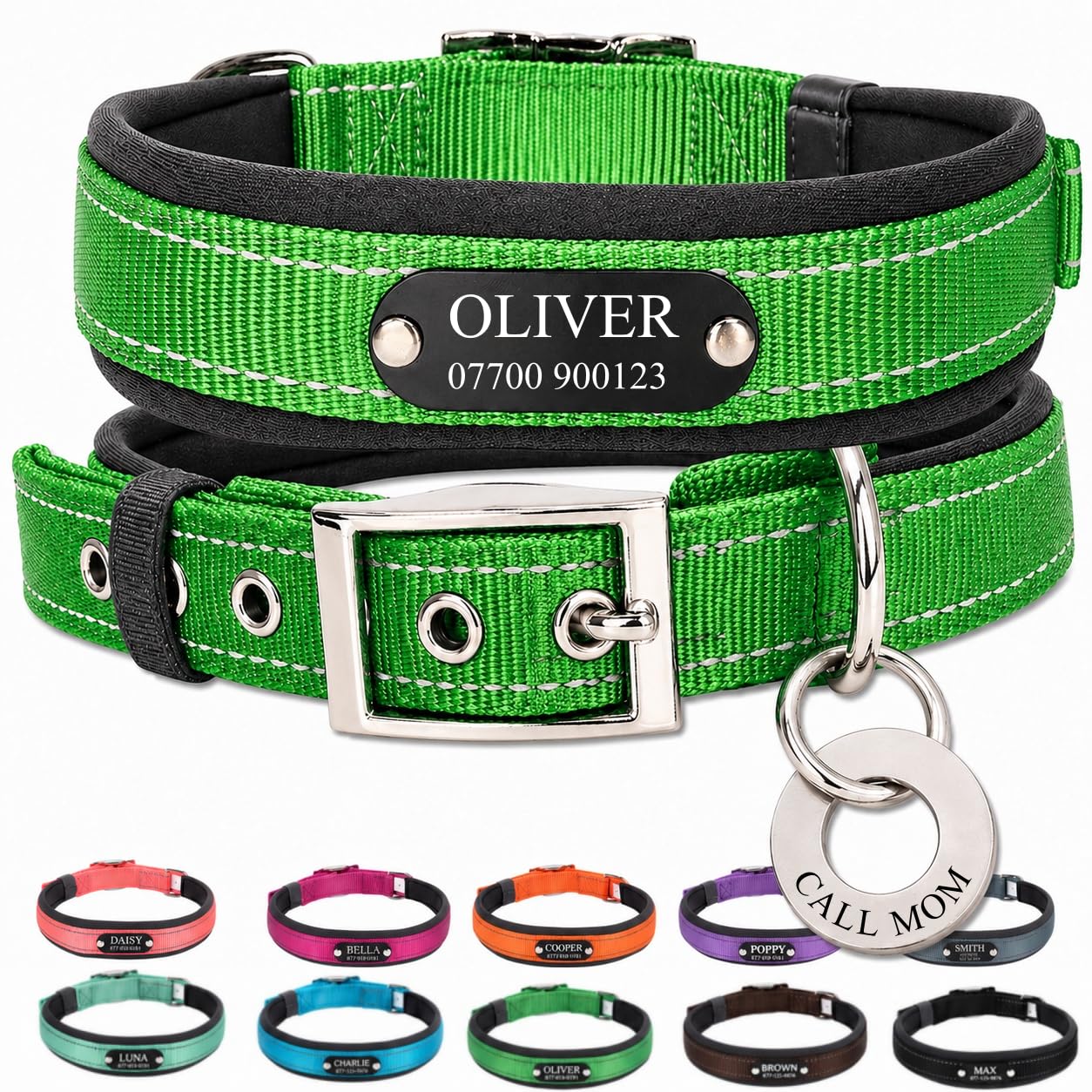 Personalised Nylon Dog Collar with Deep Engraved Name Plate - Reflective Collar UK Dispatched with Custom ID Tag Padded Anti-Chafe Design Name & Phone Number Durable Pet Collar for All Breeds — image 1