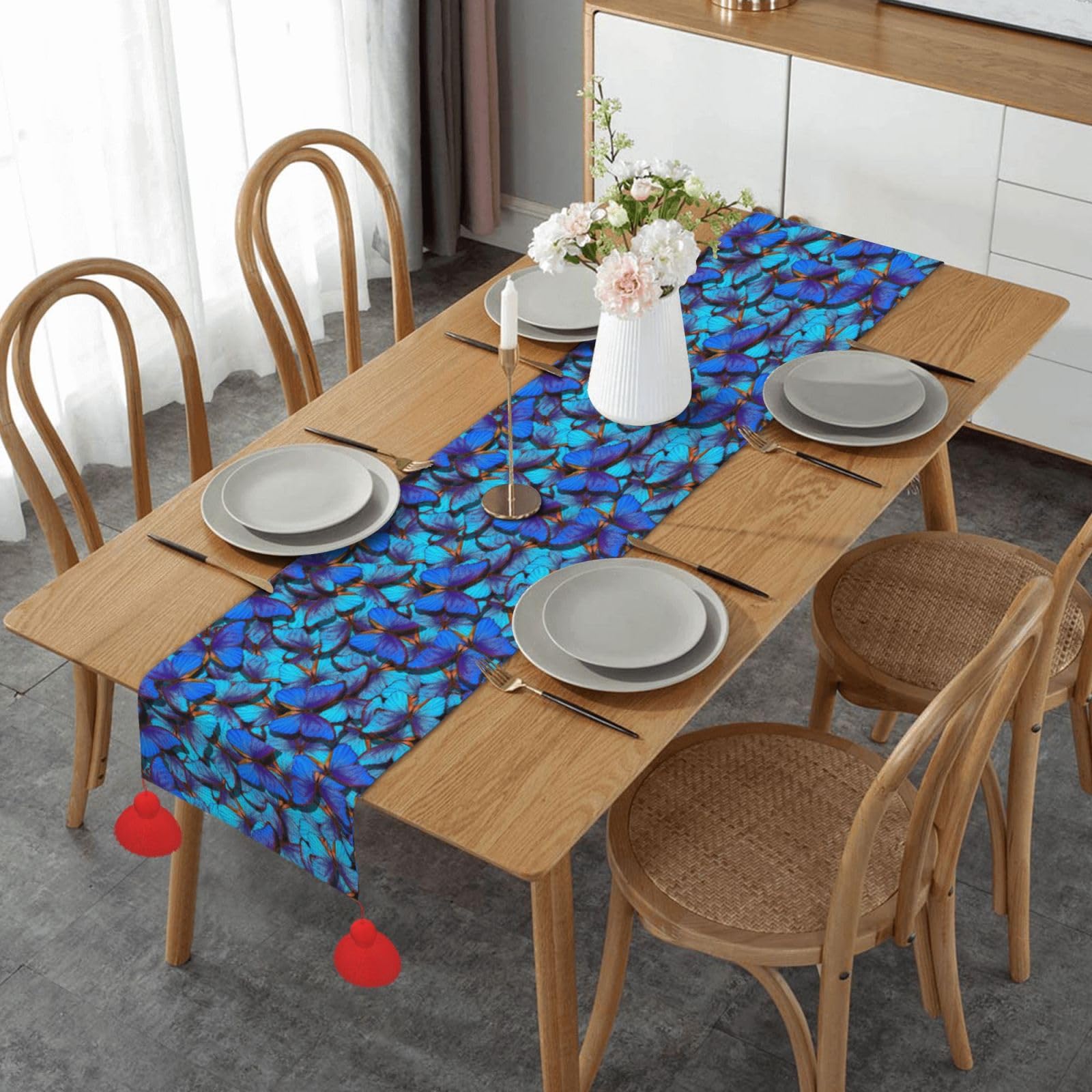 Chemin de table papillons bleus pour décoration de fête d'anniversaire et Noël