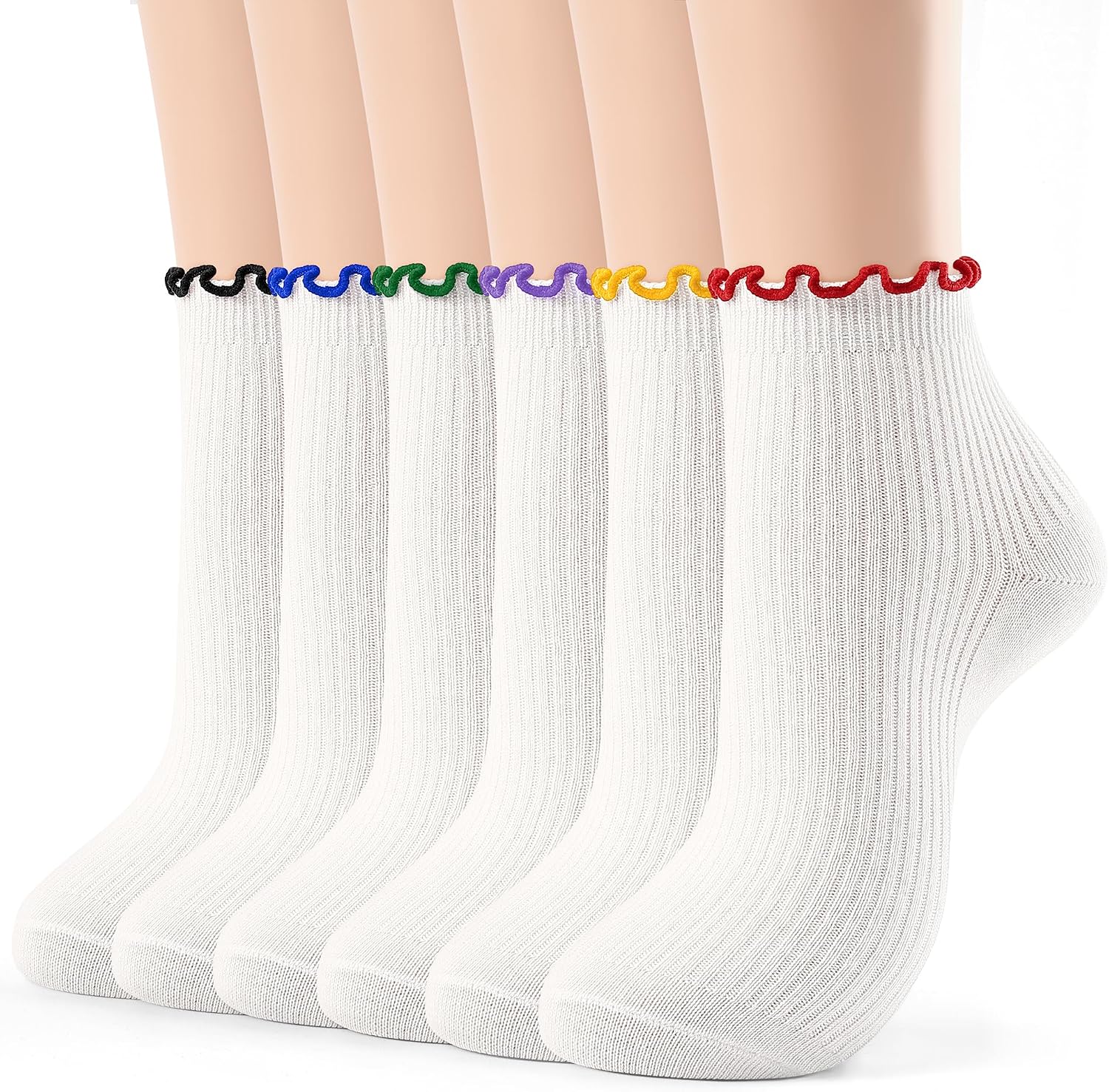 Jeasona 6 Pairs Ruffle Socks Women, Cute Ankle Preppy Stuff Socks with 6 Colorful Trims, Breathable Cotton Ankle Frilly Sock Preppy Outfits Women, Soft Short Dress Cutecore Aesthetic Sock Gifts