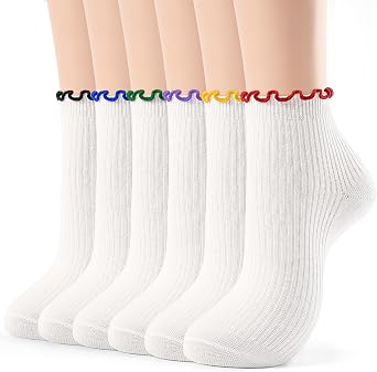 Jeasona 6 Pairs Ruffle Socks Women, Cute Ankle Preppy Stuff Socks with 6 Colorful Trims, Breathable Cotton Ankle Frilly Sock Preppy Outfits Women, Soft Short Dress Cutecore Aesthetic Sock Gifts