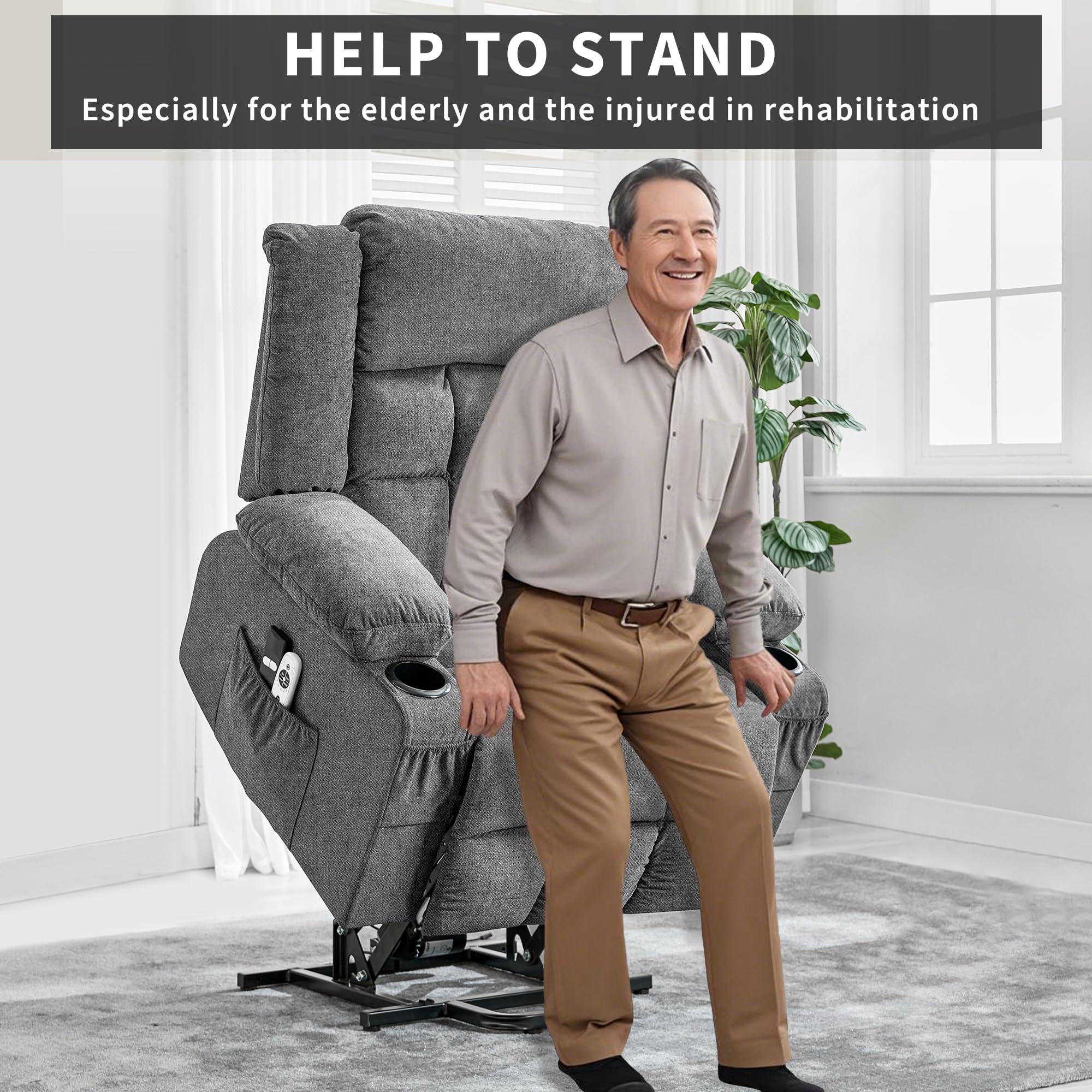 Condition photo showing New/Like New for Large Power Lift Recliner Chair with Massage and Heat for Elderly People, 3 Positions, 2 Side Pockets and Cup Holders, and USB Ports (Large, Grey)