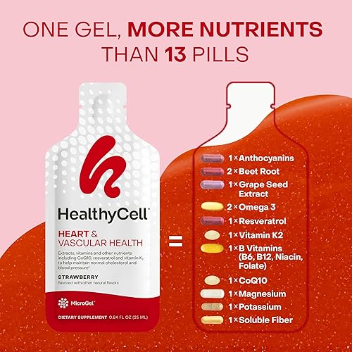 Miniatura 4 de Healthycell Salud cardíaca y vascular, CoQ10, omega-3, resveratrol, vitamina K2, raíz de remolacha, semilla de uva, microgel (30 paquetes de gel)