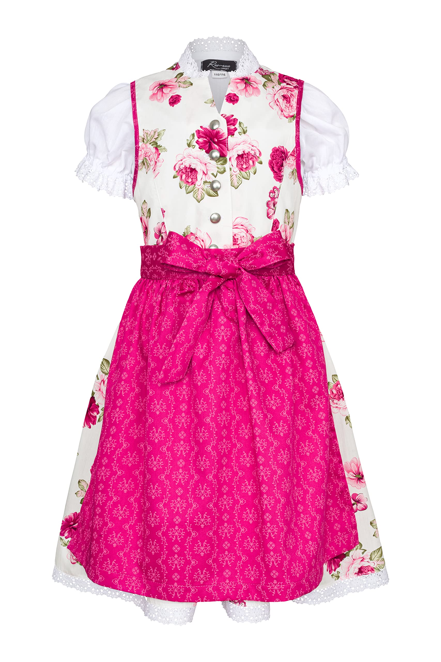 Ramona Lippert® - Dziecięcy Dirndl dla dziewczynek - zestaw Dirndl Tami - różowy + biały z nadrukiem róży - w zestawie sukienka, fartuch i bluzka - świąteczny strój ludowy - rozmiar 86 do 164, Rosa, 86/92 cm