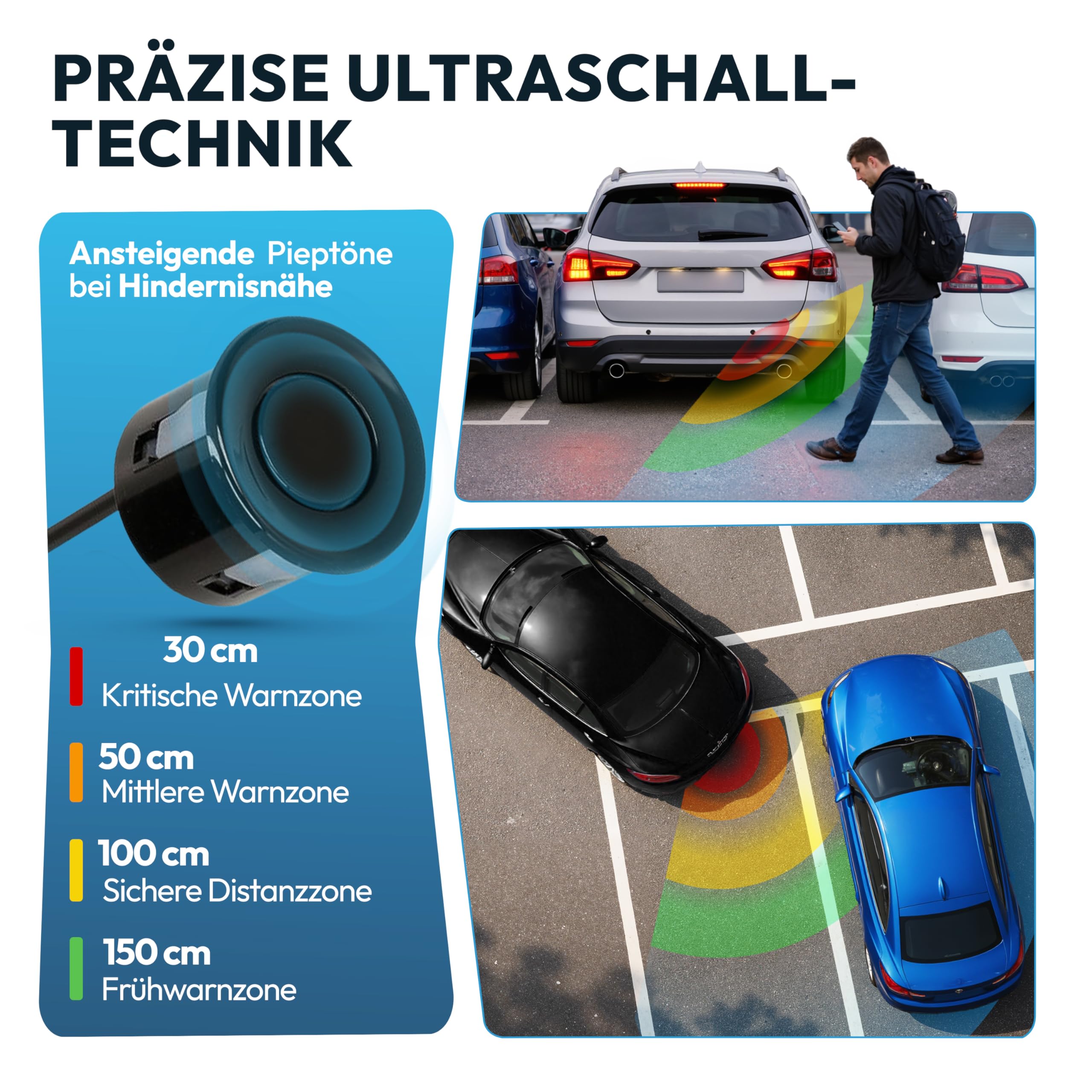 VSG24 Einparkhilfe Set hinten mit 4 Sensoren – robuste PDC Parkhilfe für Auto, SUV & Transporter – akustischer Rückfahrwarner, 30–150 cm Reichweite – 12V Nachrüstsystem