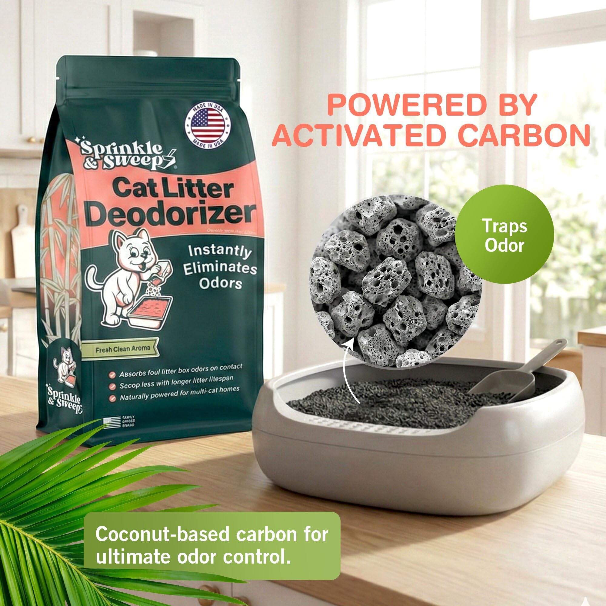 Sprinkle & Sweep Desodorante de caja de arena – Desodorante de arena para gatos no tóxico y seguro para gatitos – Desodorizador de arena elimina instantáneamente los olores sucios de arena y orina,