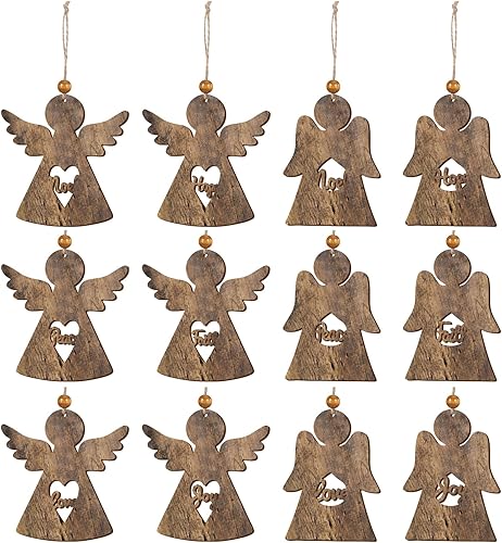 Chenkaiyang Paquete de 24 adornos de ángel de madera para casa de campo, adornos de ángel de madera de Navidad a granel, adornos colgantes para