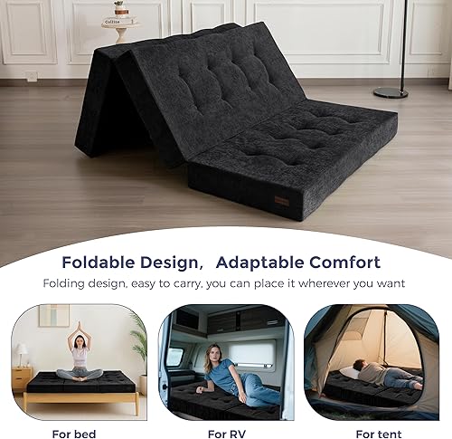 Miniatura 9 de MAXYOYO Colchón plegable de tres pliegues, colchón plegable acolchado de 6 pulgadas con tela de chenilla, tapete portátil de tamaño individual para