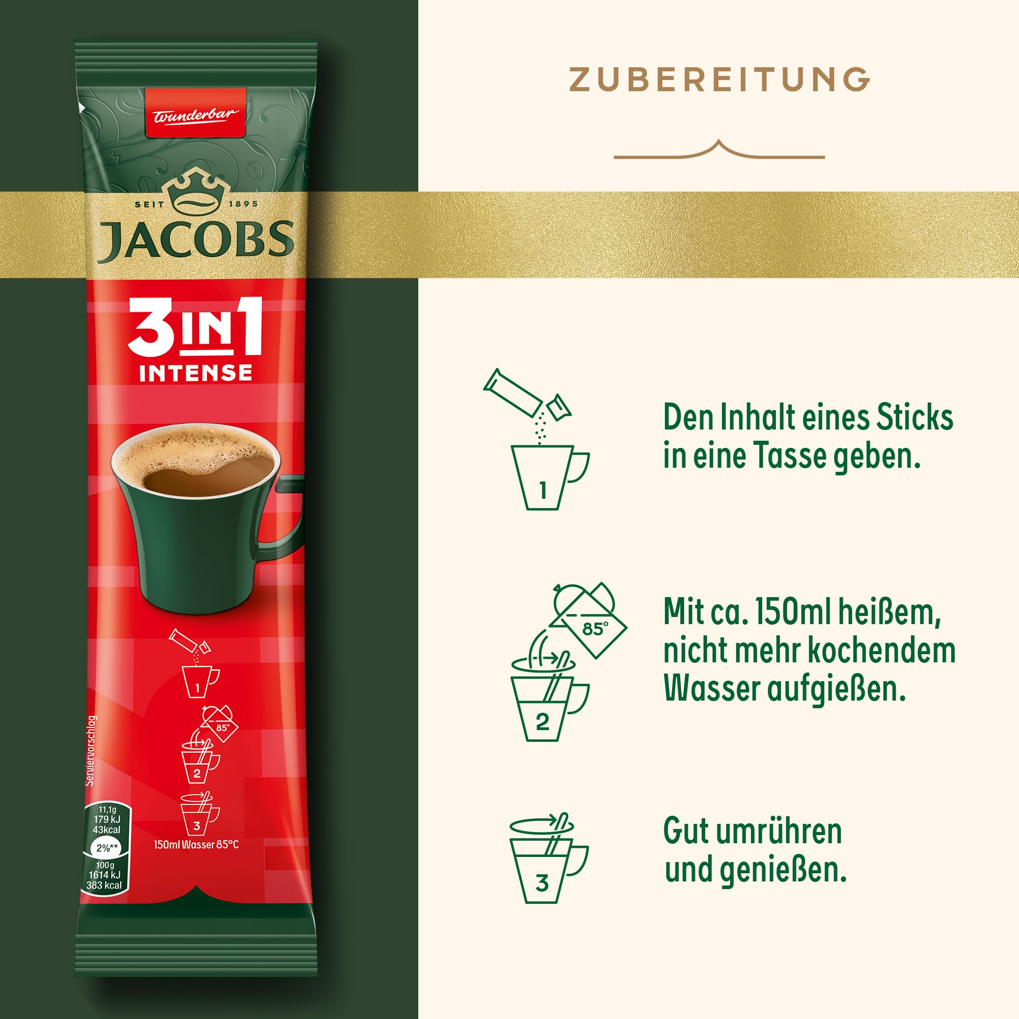 Jacobs 3in1 Intense, Instant Kaffee Sticks, löslicher Bohnenkaffee mit Creamer und Zucker, 12 x 10 Sticks, 120 Getränke