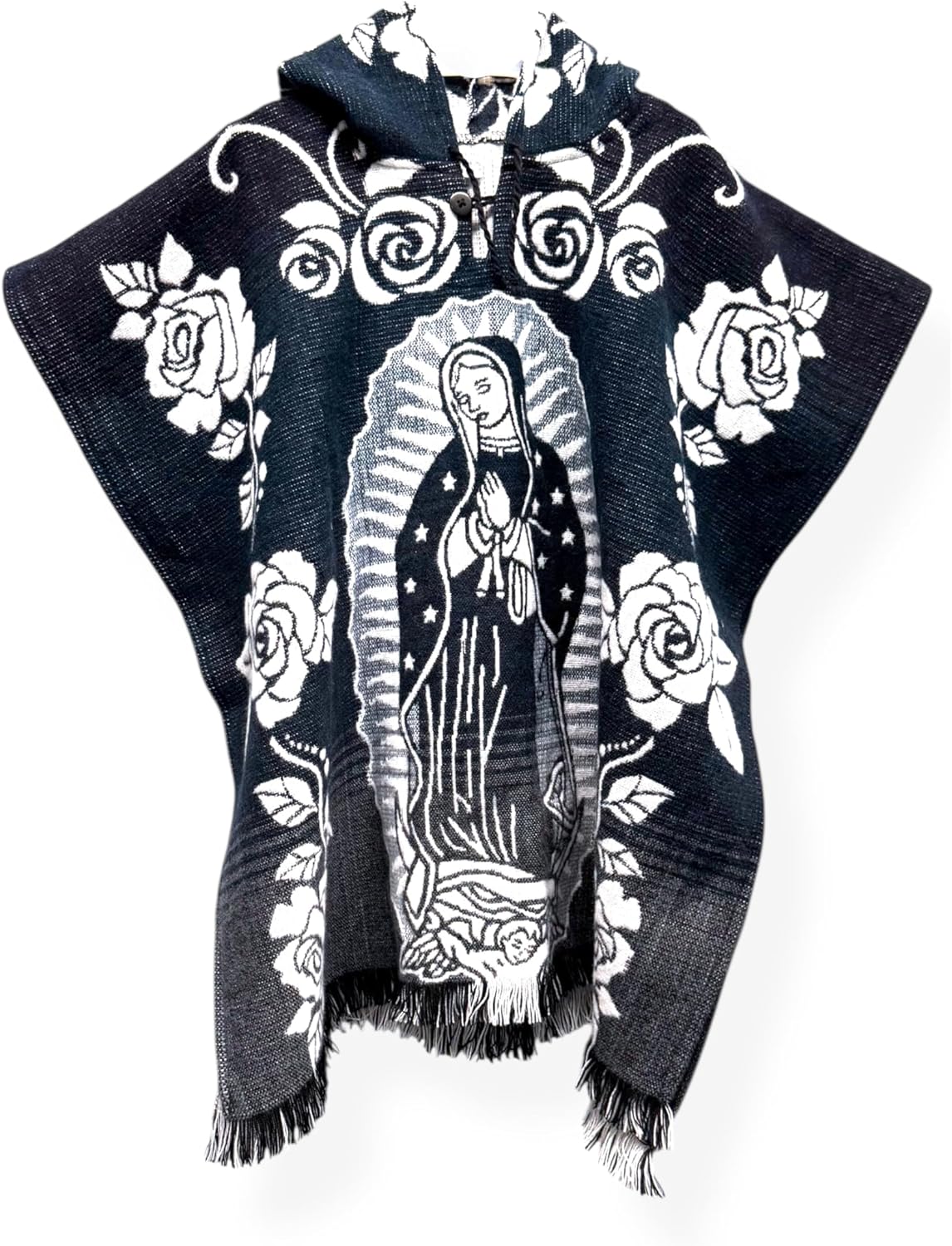 Our Lady of Guadalupe Virgin Mary Kids Poncho Size Medium (4-6 Years Old) Boys Girls Black Blule Grey Alpaca Wool Cape Shawl Blanket Virgen de Guadalupe Zarape Gaban Unisex Indigenous