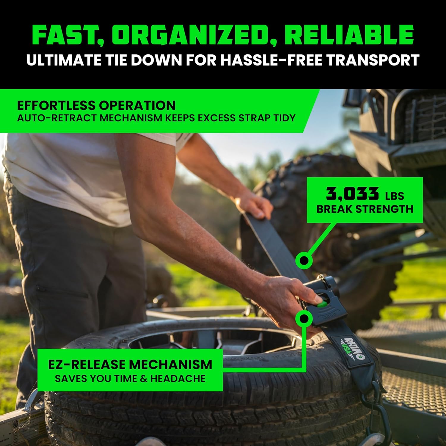 Rhino USA Retractable Ratchet Straps (2-Pack) - 2 Inch x 10 Feet (3,033lb Break Strength) - Heavy Duty Auto Self Retracting Tie Down Straps for Truck, Cargo Trailer, Motorcycle, Rad & More - Black - Image 2