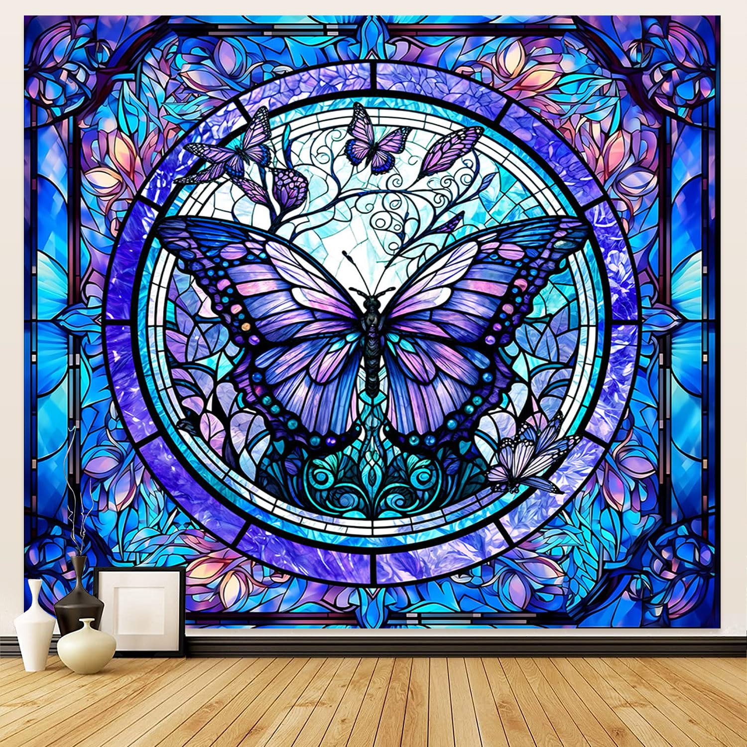 Stained Glass Butterfly Tapestry Wall Hanging Botanical Floral Plant Wall Art Moth Wall Tapestry Aesthetic Vintage Butterfly Flowers Decor for Home
