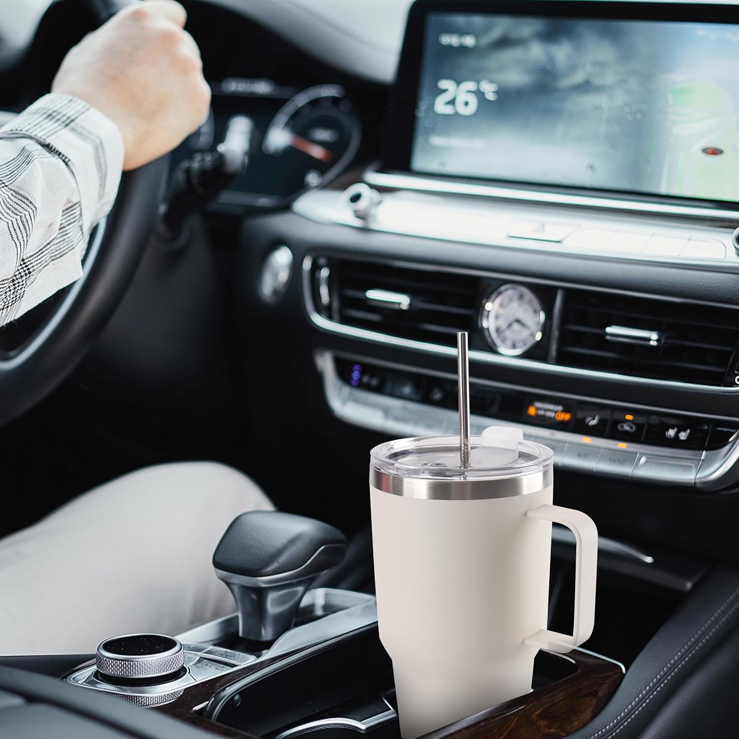 30 oz Tumbler With Handle, Double Wall Stainless Steel Vacuum Insulated Travel Mug with Splash-Proof Lid Metal Straw and Brush (Cream) - Image 6