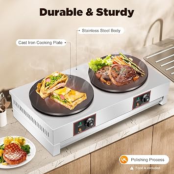 Commercial Electric Crepe Maker, 3400W Double Head Pancake Machine, 16 Inch Non-Stick Crepe Maker Machine with Adjustable Temperature 122-572F, Stainless Steel Body for Pancakes, Wraps