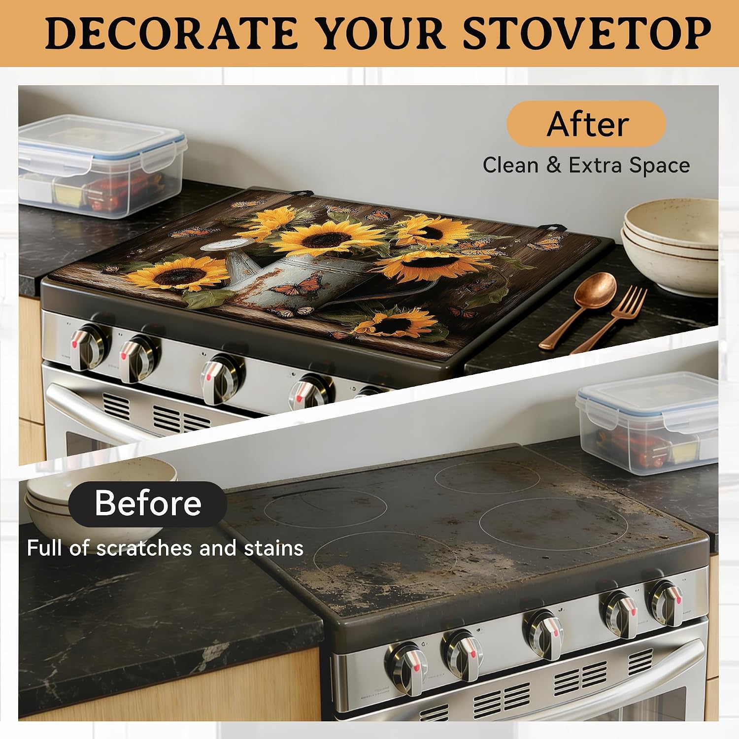 Anti-Slip Electric Stove Top Cover, 28"x20" Foldable Heat-Resistant Glass Stove Cover, Multi-Scenario Use Dish Drying Mat, Rusty Sunflower Butterfly