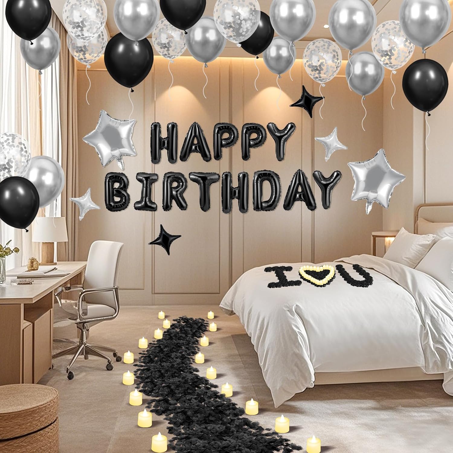 Black Happy Birthday Balloons Decorations Silver and Black Birthday Balloon Letters Banner with 6 Pcs Star Balloons 1000 Artificial Rose Petals 24 Flameless LED Candles for Room Birthday Party Decor