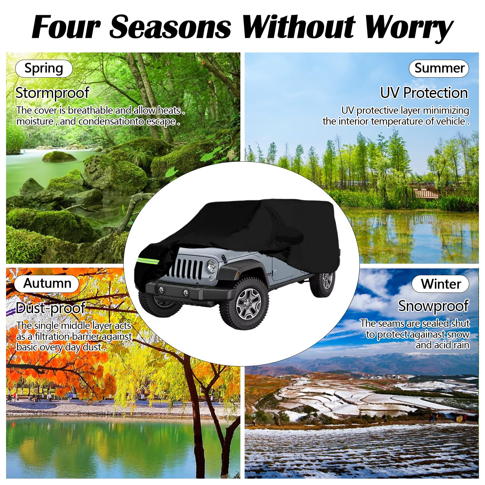 Funda para Coche, Funda Impermeable para Coche para Jeep Wrangler De 4 Puertas, Anti UV, Funda para Coche Interior Y Exterior para Cj Yj Tj Y Jk Funda para Invierno Y Verano para Todo Tipo De Clima