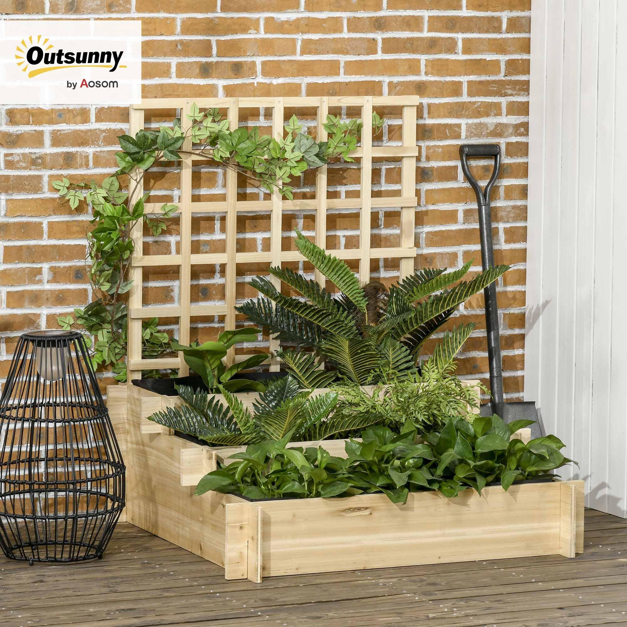 Outsunny Huerto Urbano de 3 Niveles con Enrejado Escalera de Jardinera de Madera con Tela no Tejida para Cultivos Verduras Flores Hierbas 95x95x110 cm Natural
