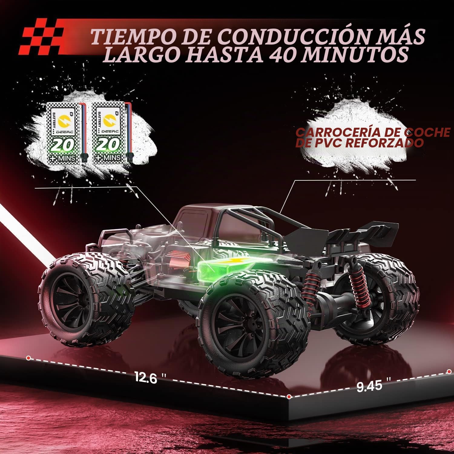 DEERC 9500E Coche RC Todo Terreno Escala 1:16, 4x4 de Alta Velocidad 40 KPH, Control Remoto de 2,4 GHz Con 2 Baterías, Camión Monstruo Todoterreno Para Adultos y Niños