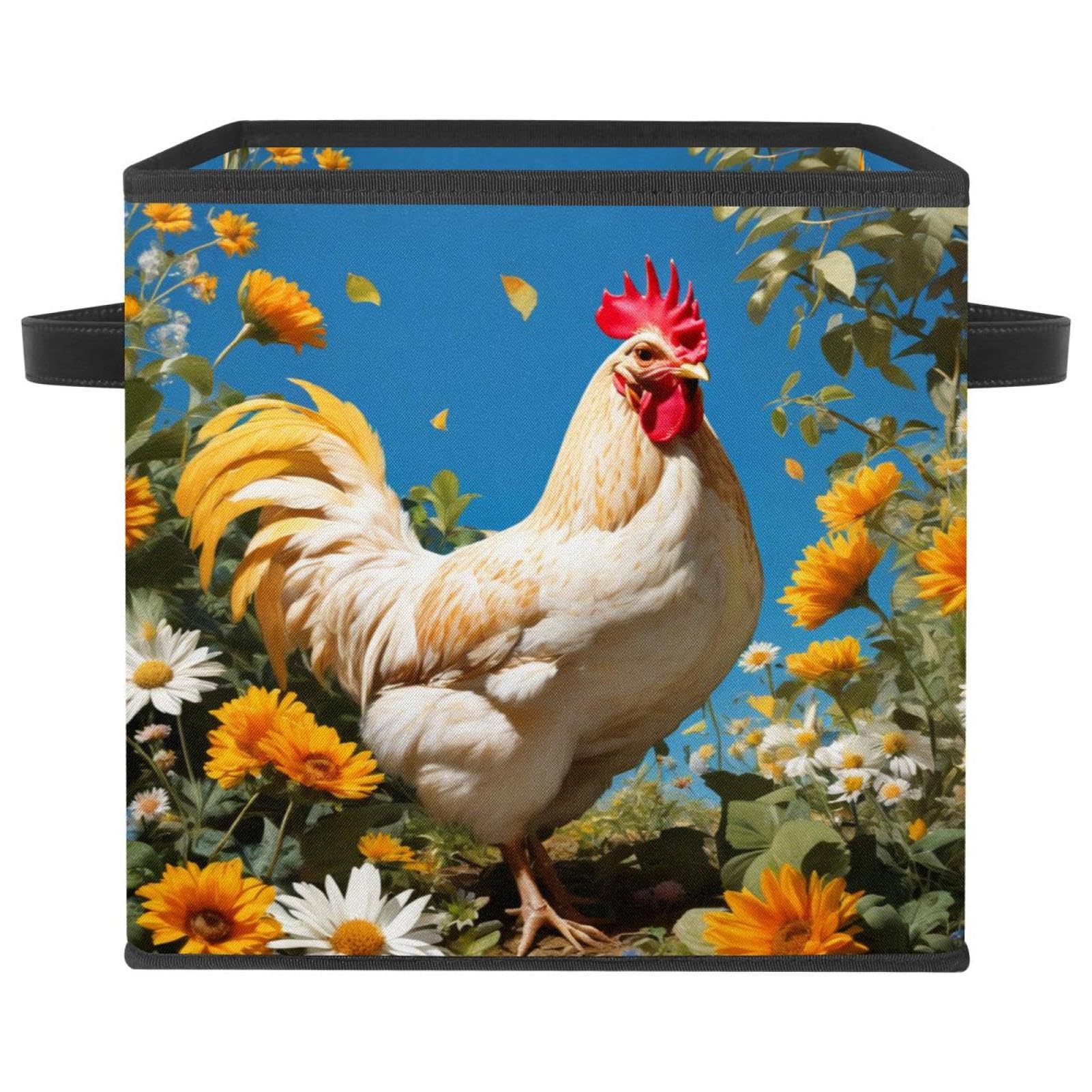 Boîte de rangement pliable avec poignées en cuir et motif poulet pour placard