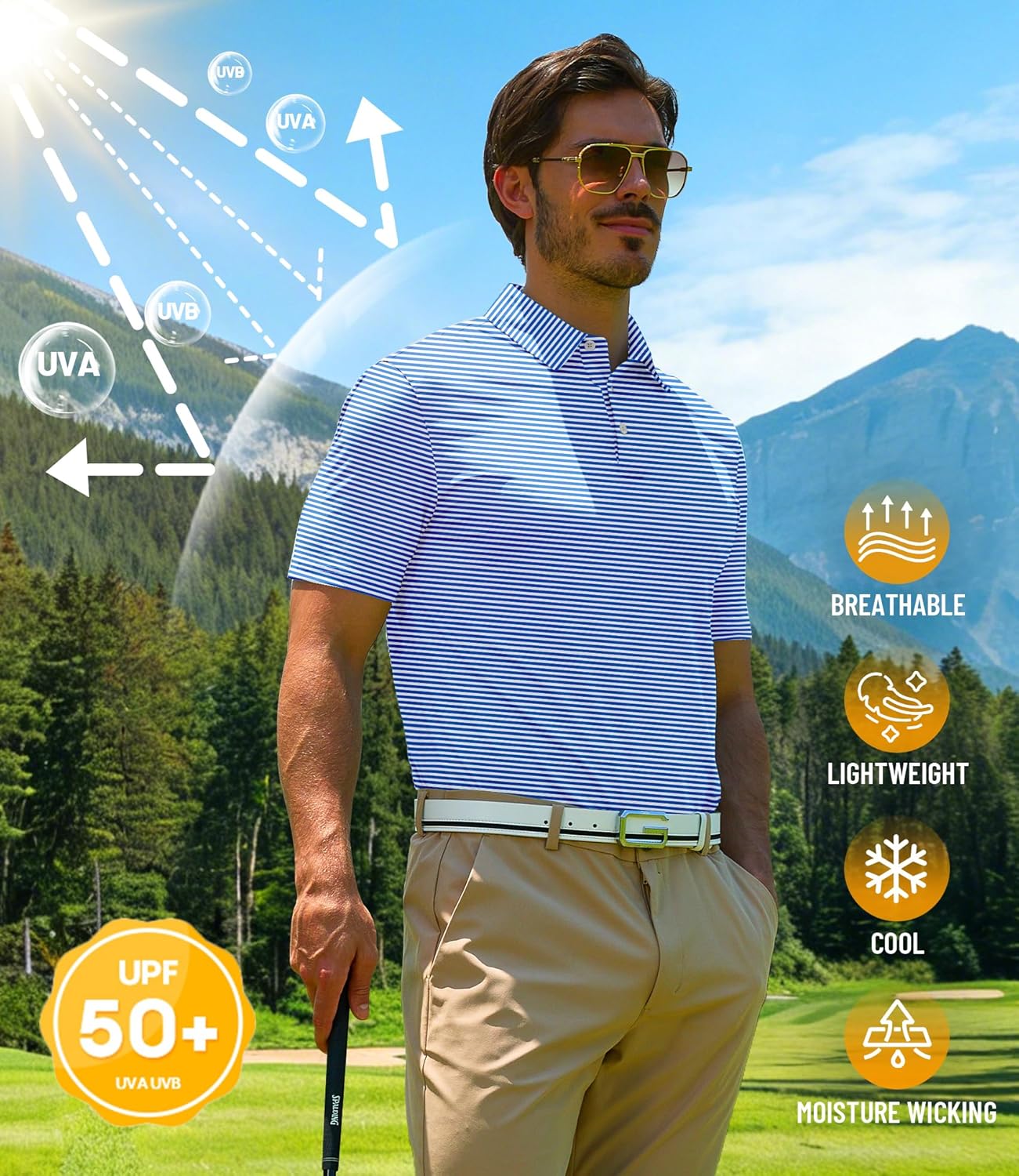 ZITY 5 Pack Mens Golf Striped Polo Shirts Short Sleeve UPF 50+ Moisture Wicking Athletic Daily Casual Collared Shirt