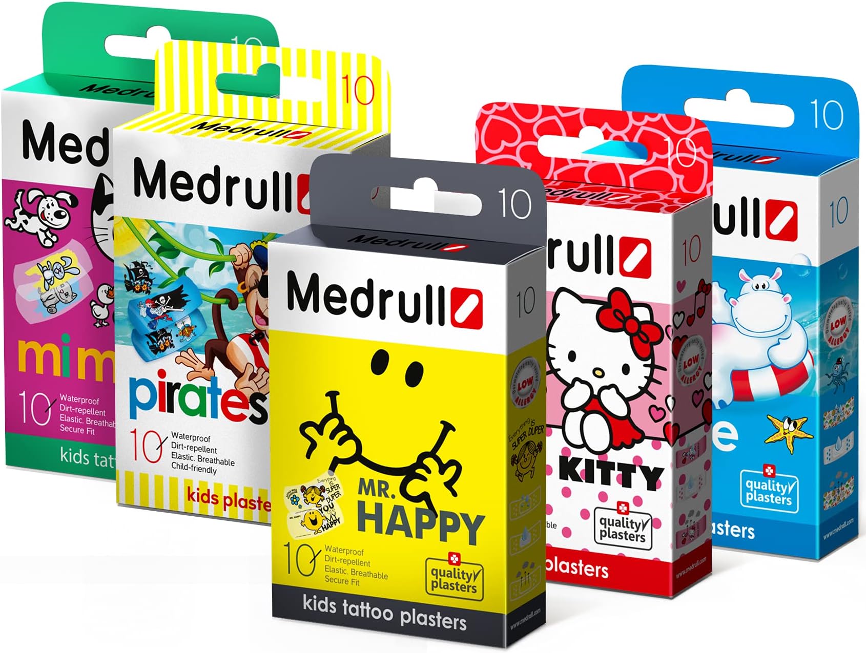 Medrull Waterproof Kids Tattoo Plasters | First Aid Set: 5 Boxes (5x10) | Special Colorful and Funny Design: Hello Kitty, Mr Happy, Animal Prints, Marine and Pitrates