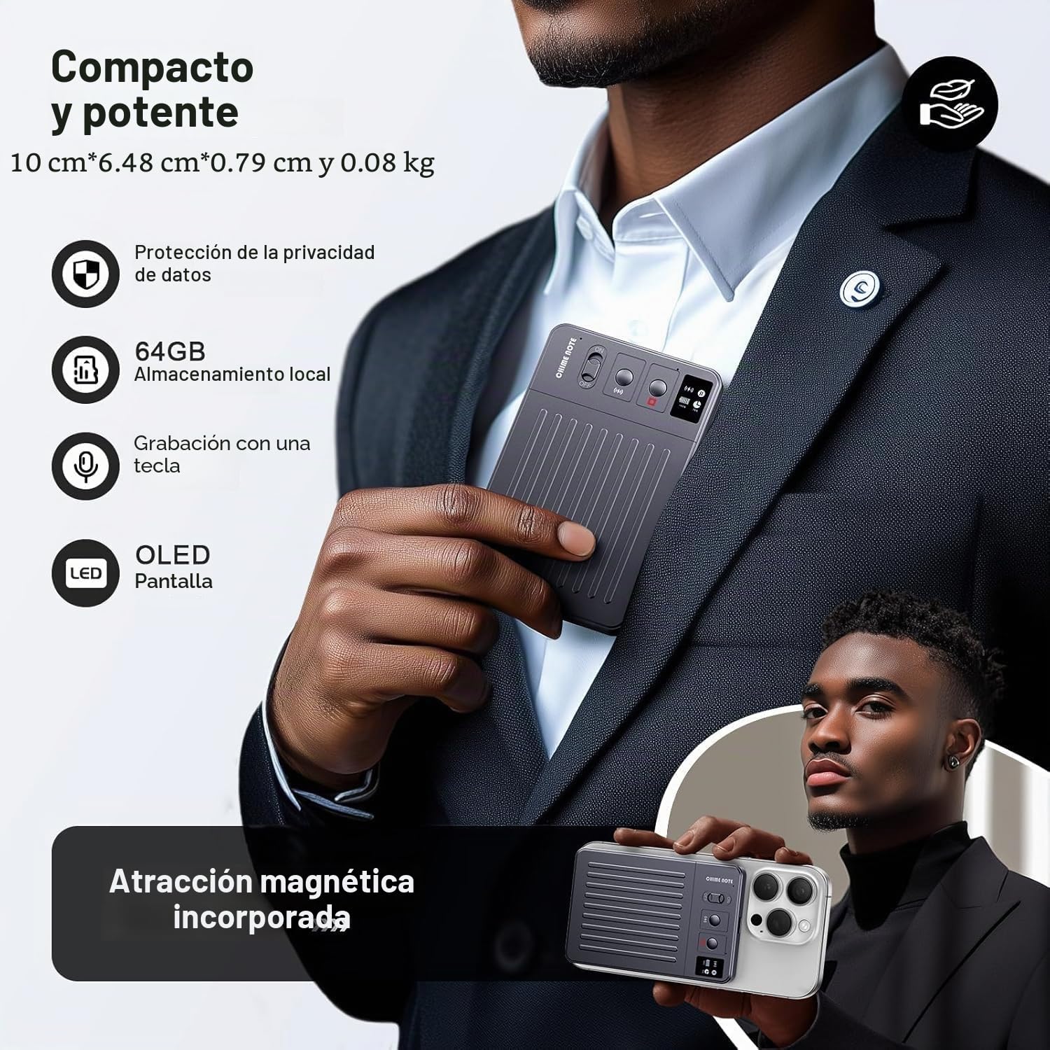 Grabadora de Voz AI 64GB de Memoria, AI Voice Recorder Transcripción Gratuita y Resumen de Chatgpt, Soporte para Traducción en Tiempo Real en 121 Idiomas, Soporte para App y Redes, Carga Inalámbrica