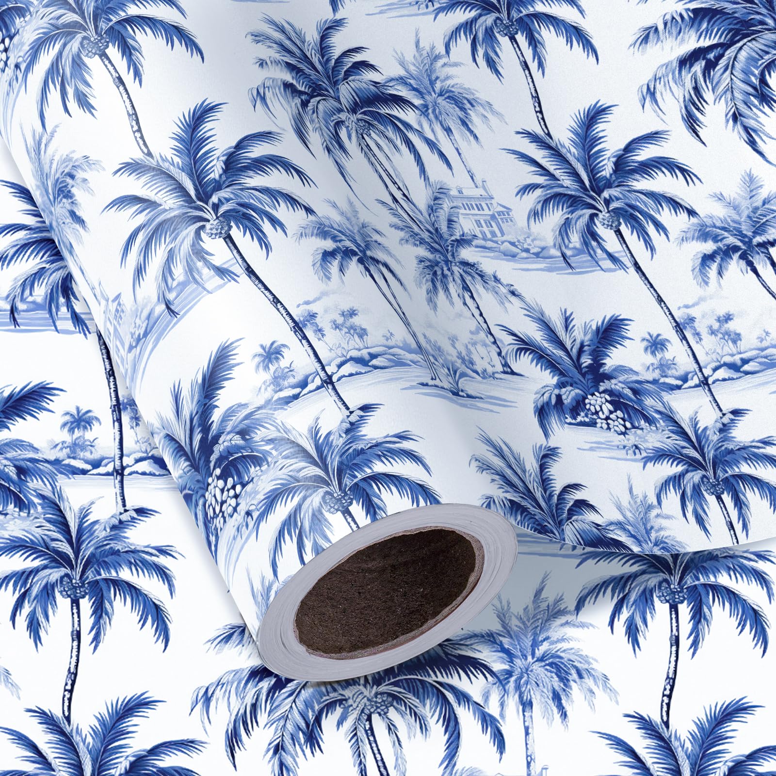 WRAPAHOLIC Blue White Floral Wrapping Paper - Mini Roll - 17 Inch x 16.5 Feet - Casablanca Vintage Blue Toile Palm Trees Design Perfect for Wedding, Birthday, Bridal Shower, Tea Party