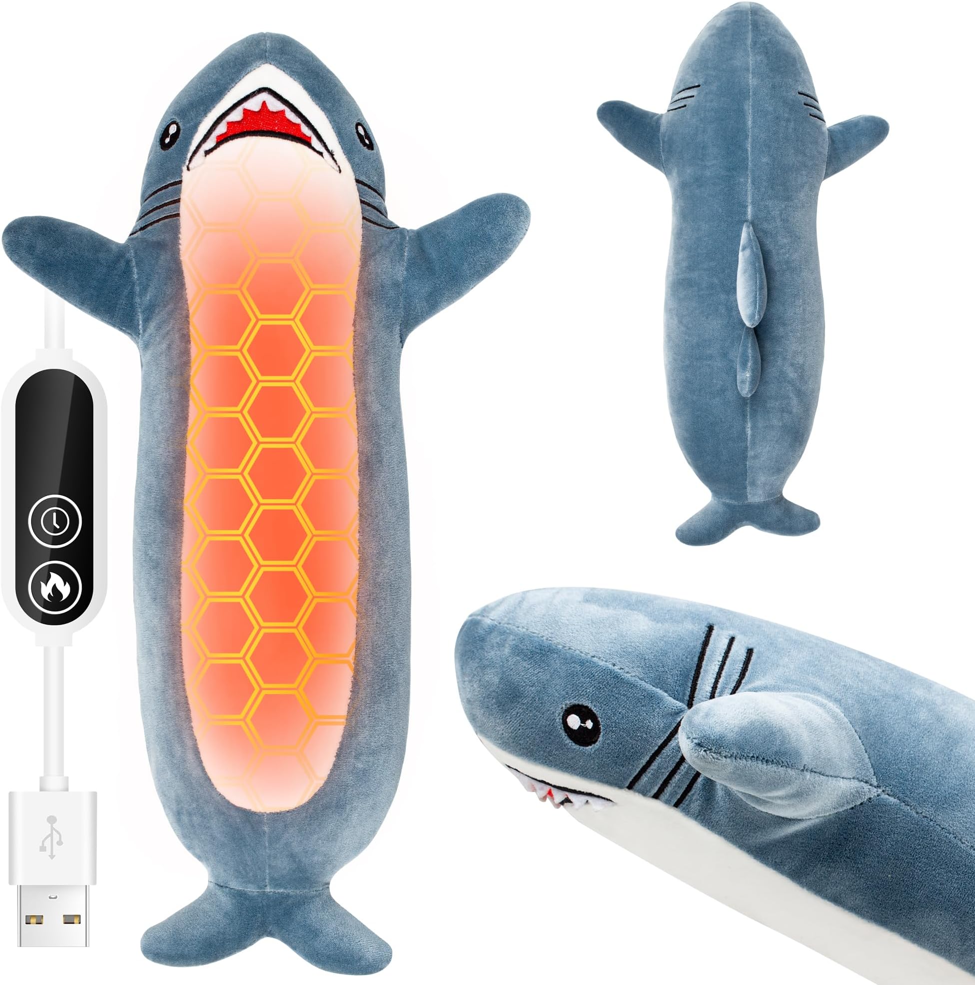 - Shark Heating Pad Plush, Cute Heated Stuffed Animal, USB Powered Electric Heating Pad with 3 Heat Levels & Timer, Soft Warm Plush Cushion Gift for Women Teen Girls
