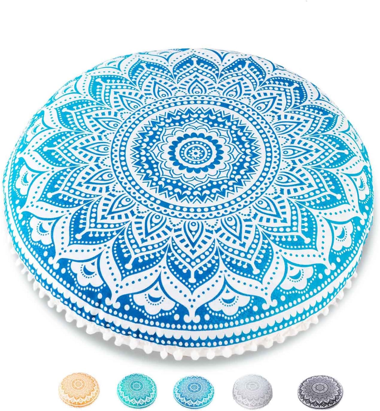 Mandala Life ARTYoga Decor Floor Cushion Cover - Round Medition Pillow Case - Hand Printed Organic Cotton Pouf