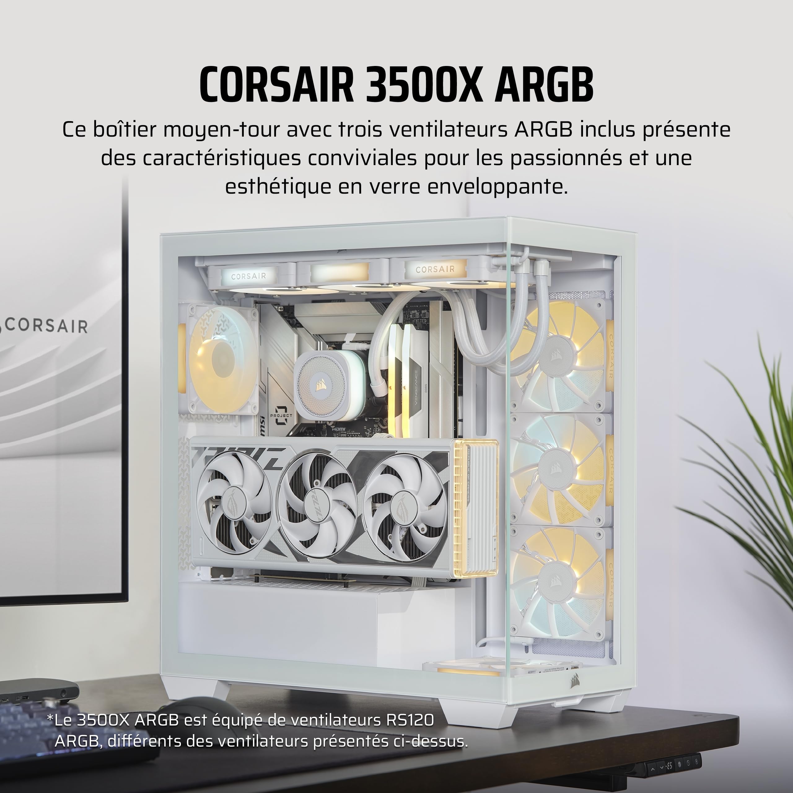 CORSAIR 3500X ARGB Boîtier PC ATX Mid-Tower à Double Chambre – Verre Trempé Panoramique - Connexion Inversée Compatible avec La Carte Mère –3X Ventilateurs CORSAIR RS120 ARGB Inclus – Blanc