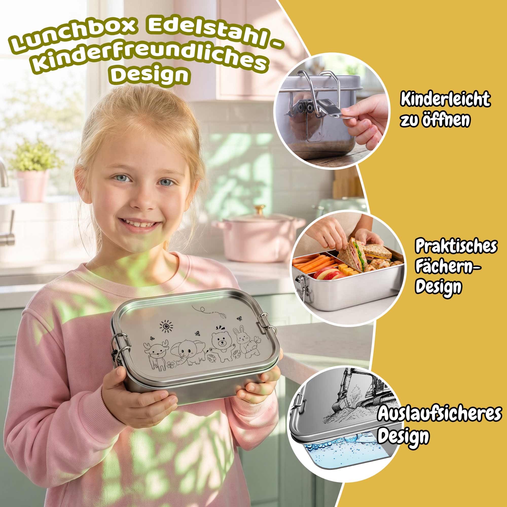 OXYEFEI Brotdose Kinder mit Fächern,Brotdose Edelstahl mit Gabel und Löffel Bunte Buchstabenaufkleber Individuell gestaltbare Namen Geschenk für Jungen und Mädchen (Dinosaurier, 1000ML)