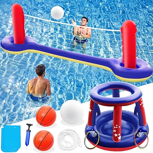 Jasonwell Juego de juguetes de piscina 3 en 1 red de voleibol de baloncesto, juego de lanzamiento, flotadores inflables, flotadores de agua,