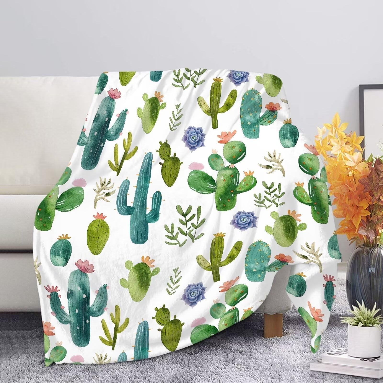 Allcute Cactus Throw Blanket for Couch Sofa Throws Fluffy Soft Winter Fall Blanket Home Decor Living Room White Throw Blankets