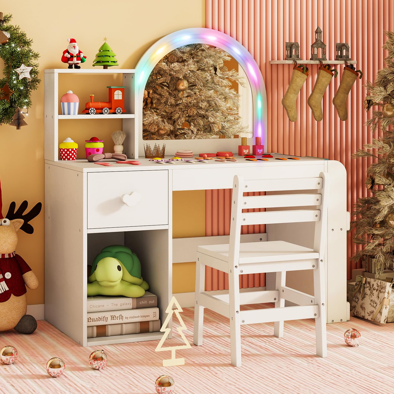 GOPLUS Tocador y Silla Infantil para Niños de 3+ Años (Blanco) | Tocador para Niñas con Espejo Iluminado, Estantería de 2 Niveles, Cajón, Silla Cómoda, Mesa de Maquillaje de Princesa