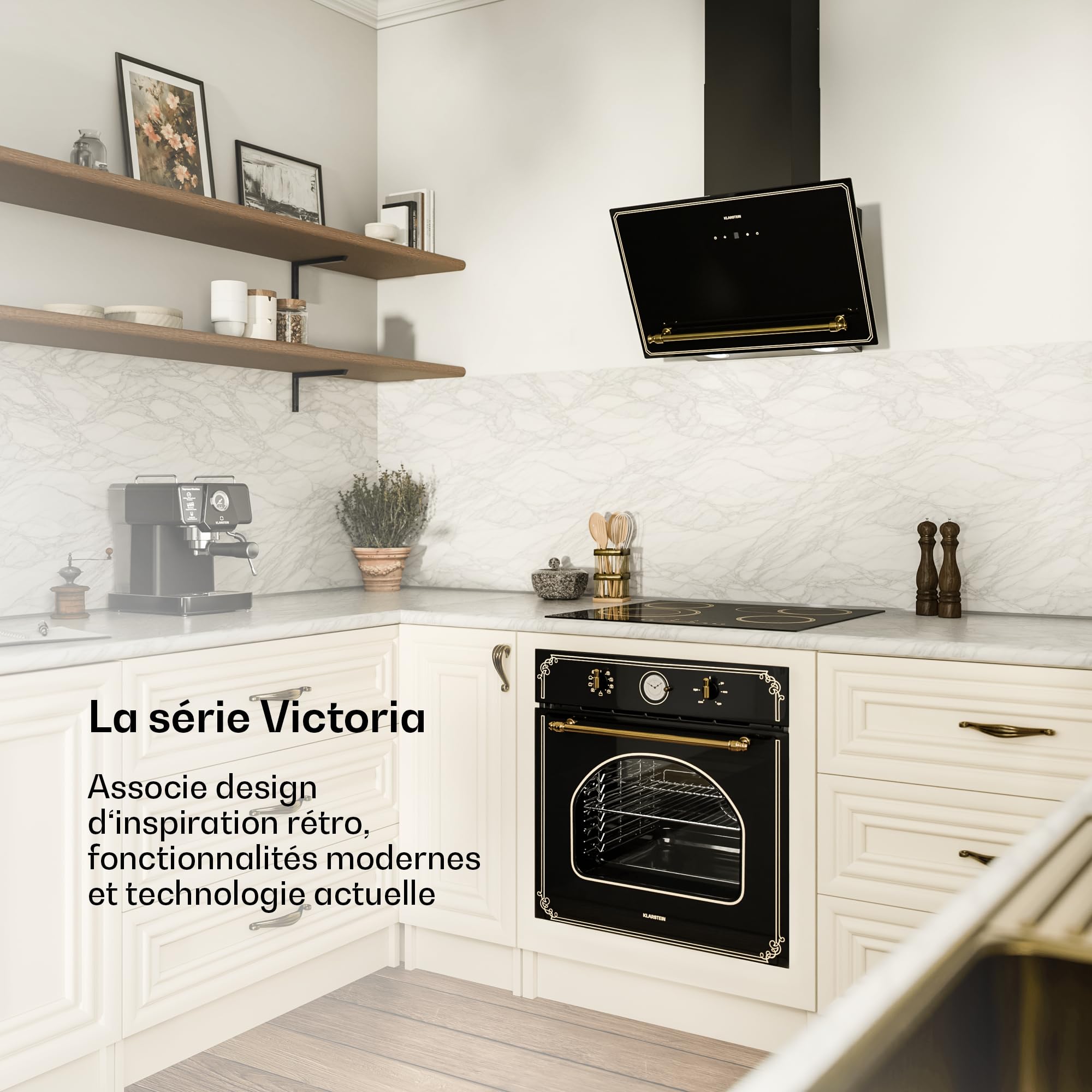 Klarstein Victoria Hotte Aspirante - 60cm Hotte Cuisine Angulaire, Débit 400 m³/h, Écran LED, A++ Énergie, Silencieuse 52 dB, Noir & Or, Extraction & Recirculation
