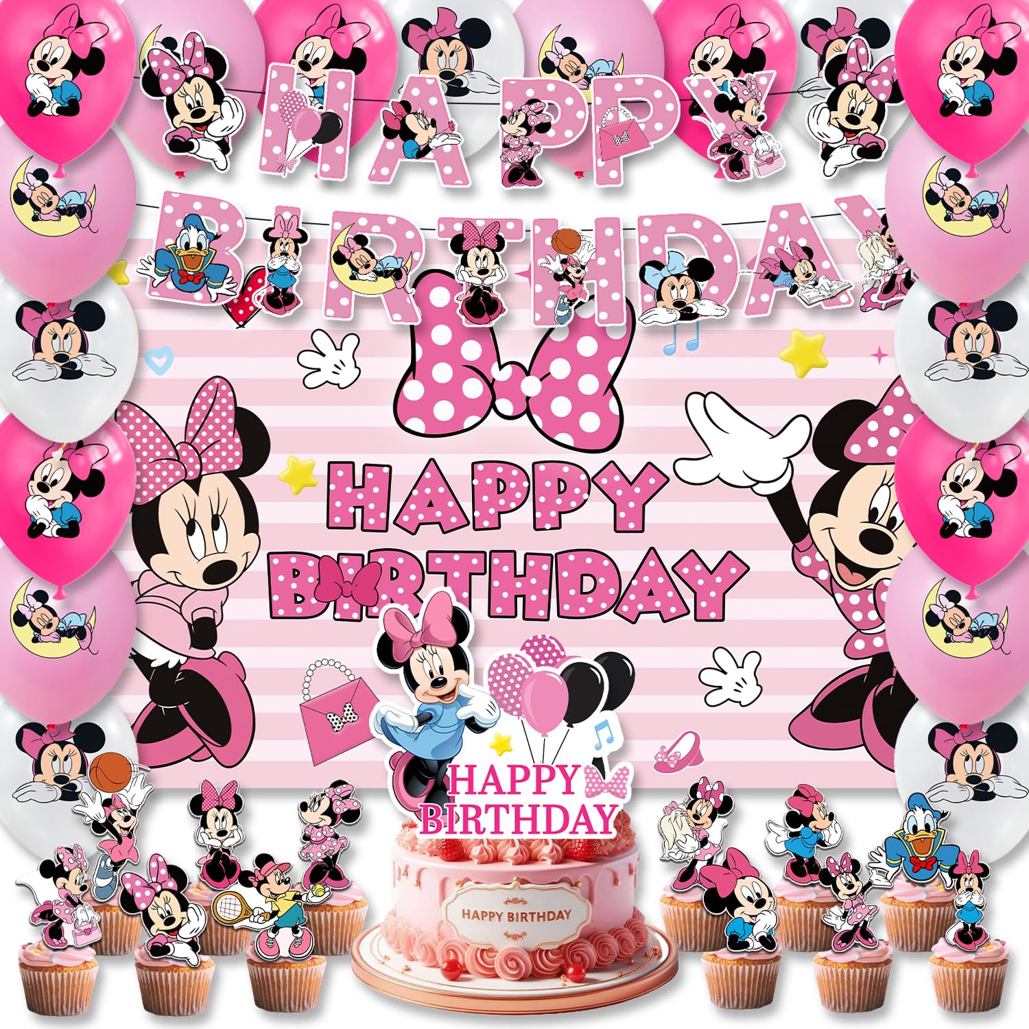 42pcs Minnie Party Supplies Pack Includes，Banner，Cake Topper，Blackdrop,Balloons for Minnie party decoration