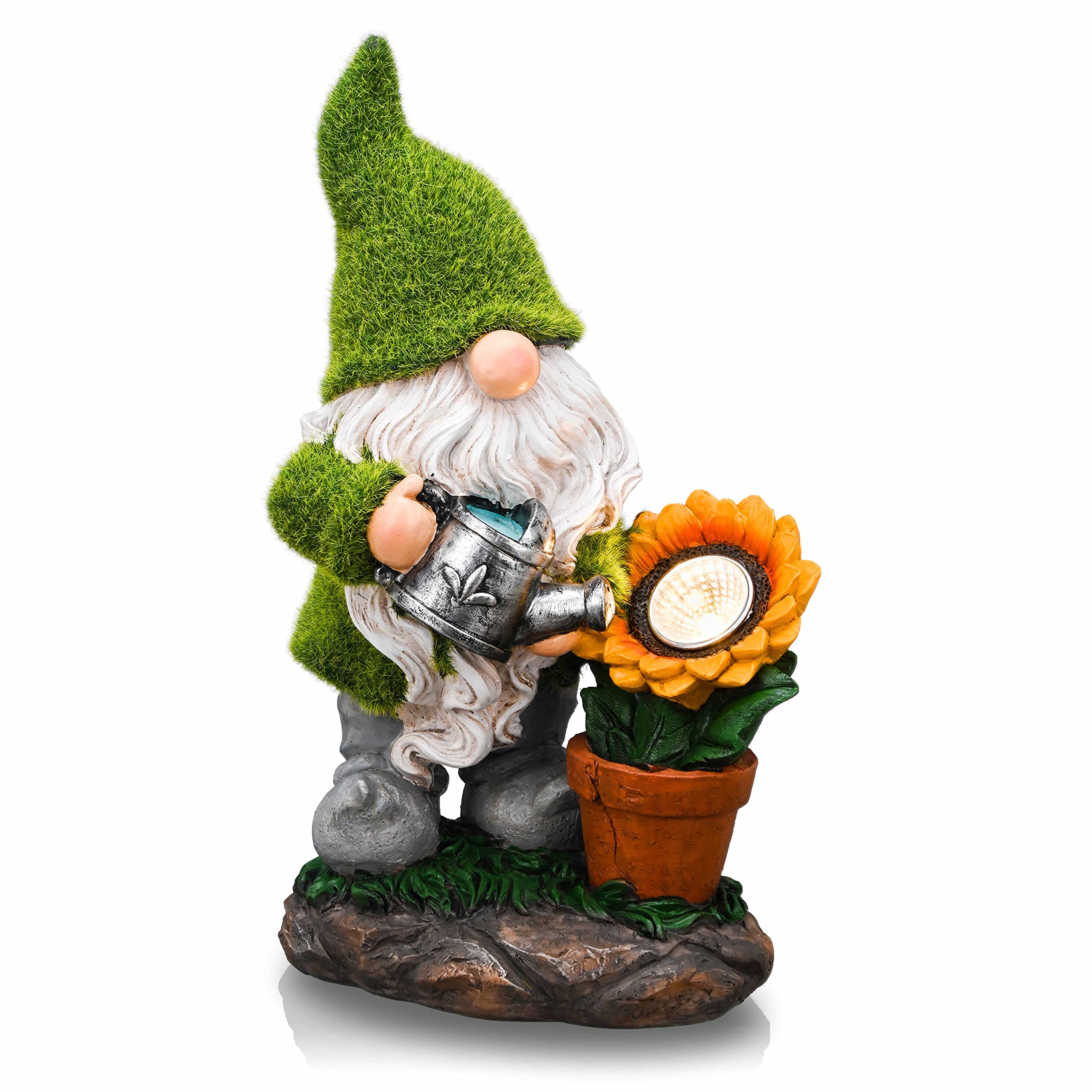 TERESA'S COLLECTIONS Flocked Garden Gnome Ornament Outdoor with Solar Light, Funny Gnome with Watering Sunflower, Waterproof Resin Garden Statue Figurine for Patio Lawn Yard Decoration 11.4inch/29cm